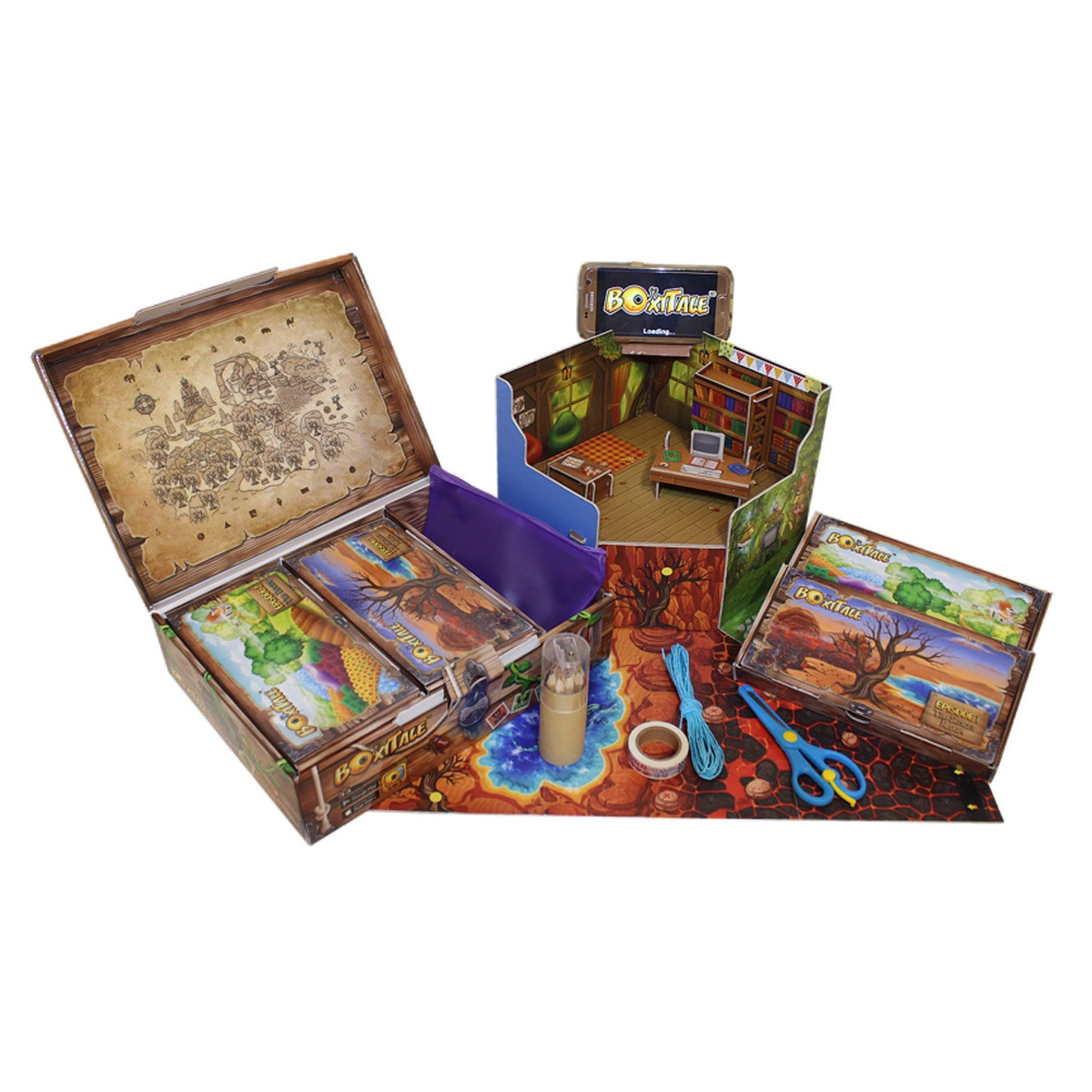 Una configuración del juego de mesa BoxTale. Muestra la caja, las piezas del juego y una casa de papel construida.