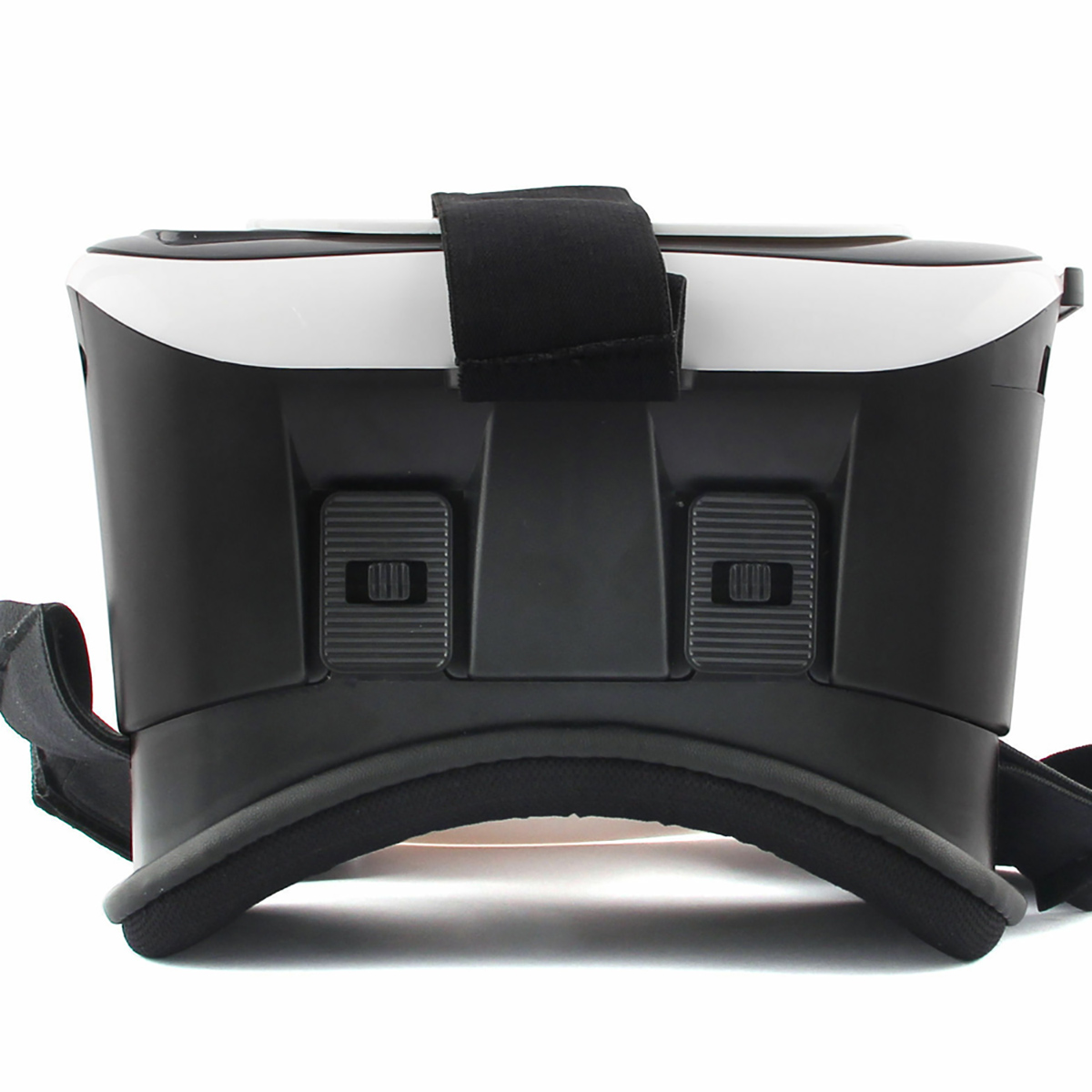 Auriculares VR, negro y blanco, con correas ajustables.