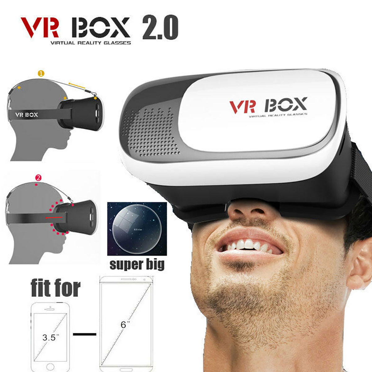 Auriculares VR Box 2.0 con smartphone e instrucciones. Muestra uso y compatibilidad.