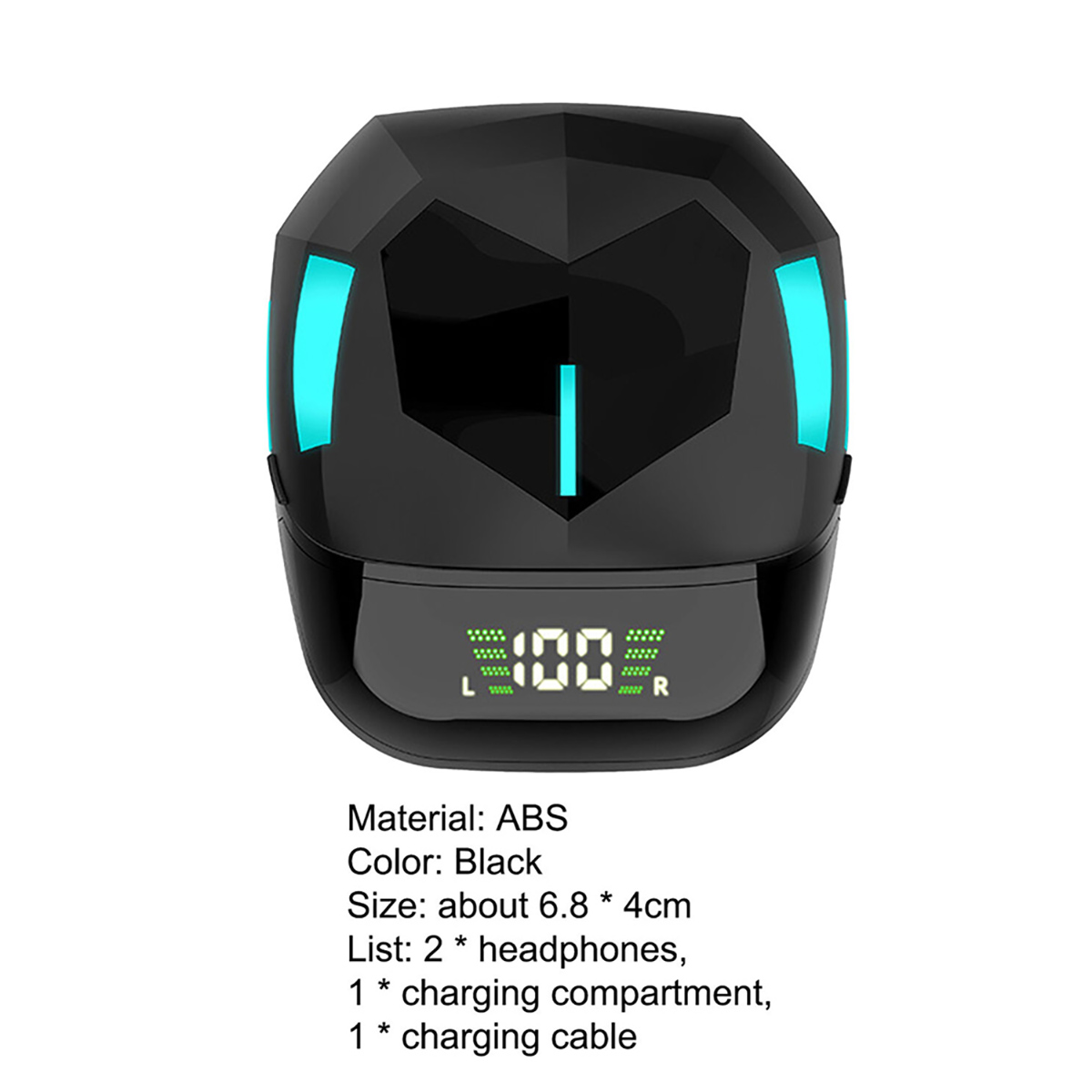 Estuche de carga de auriculares negro con pantalla digital y luces de acento azules.