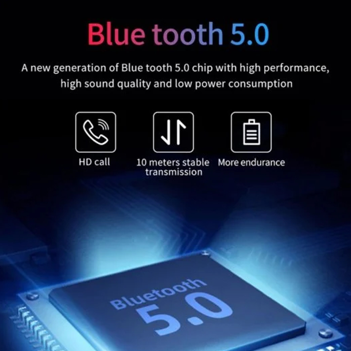 Gráfico que muestra las características de Bluetooth 5.0: llamadas HD, transmisión estable de 10 m.