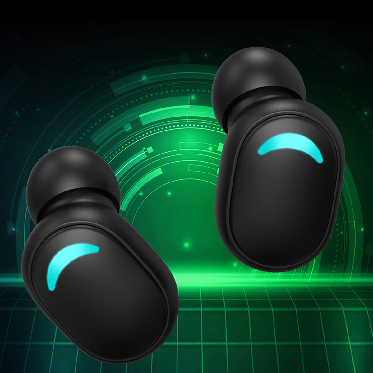 Auriculares inalámbricos negros con detalle de luz azul. Fondo: diseño tecnológico verde y azul.