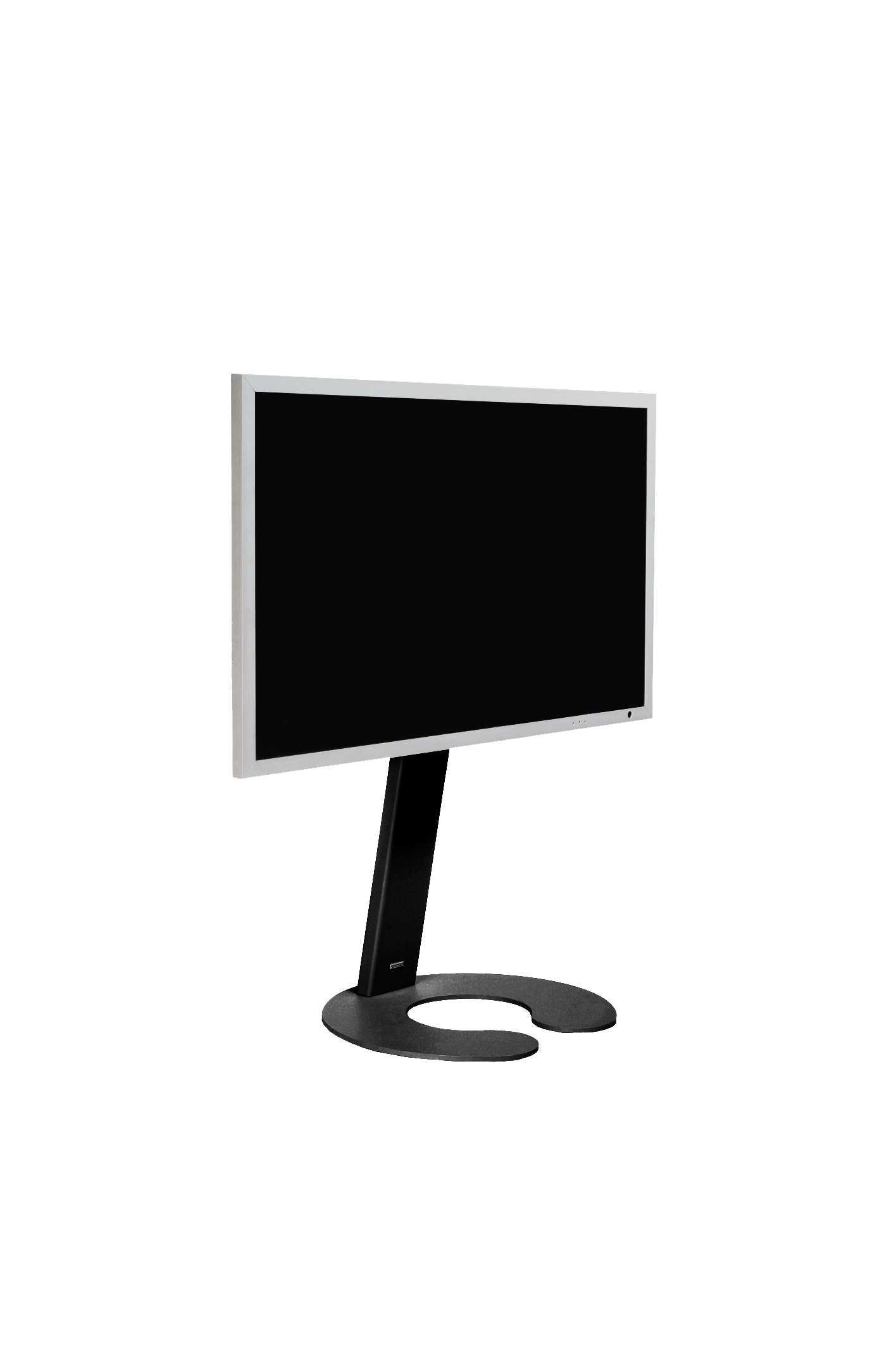 Schwarzer Computermonitor auf einem schwarzen Ständer.