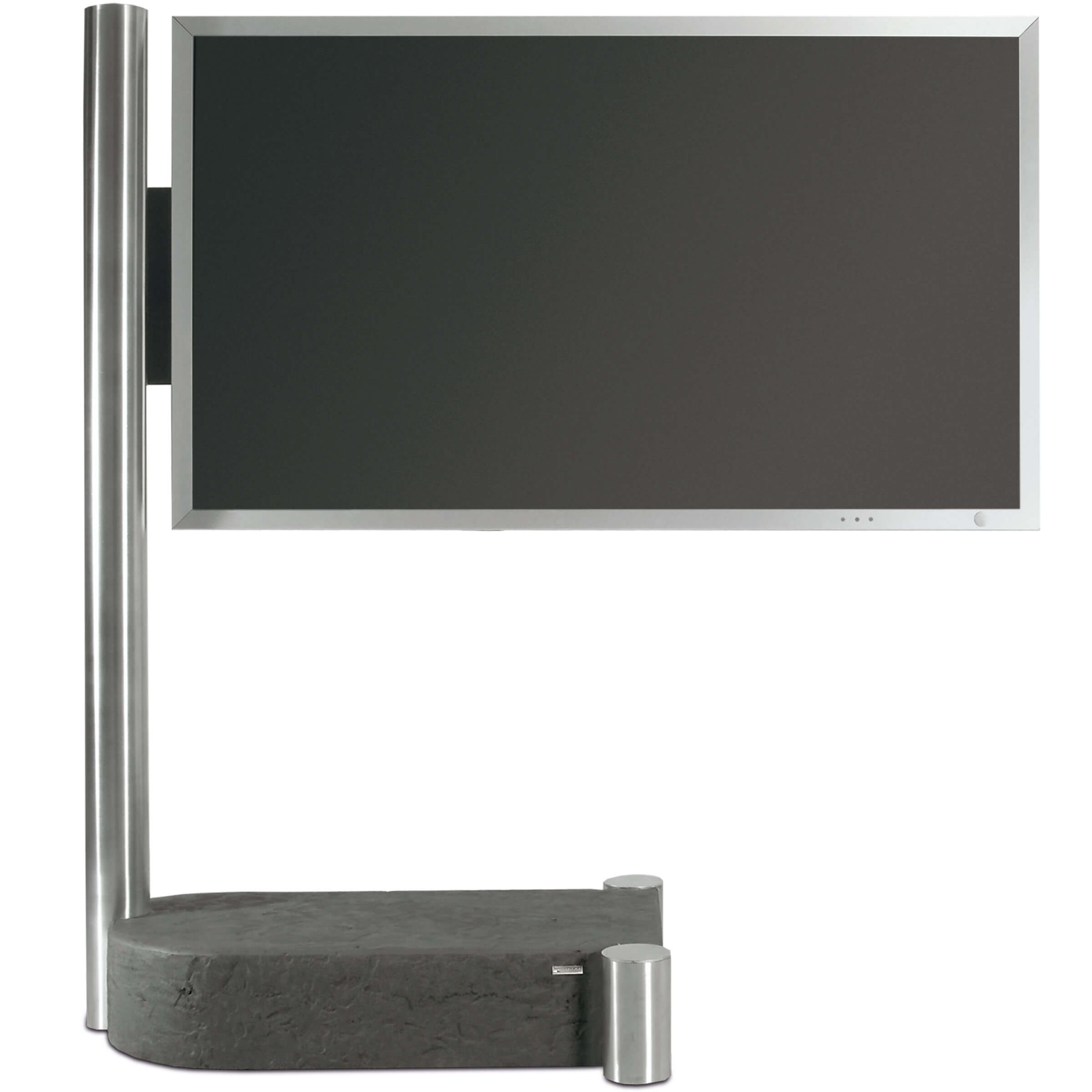 Ein großer Monitor auf einem silbernen Ständer mit dunklem Bildschirm. Der Hintergrund ist weiß.