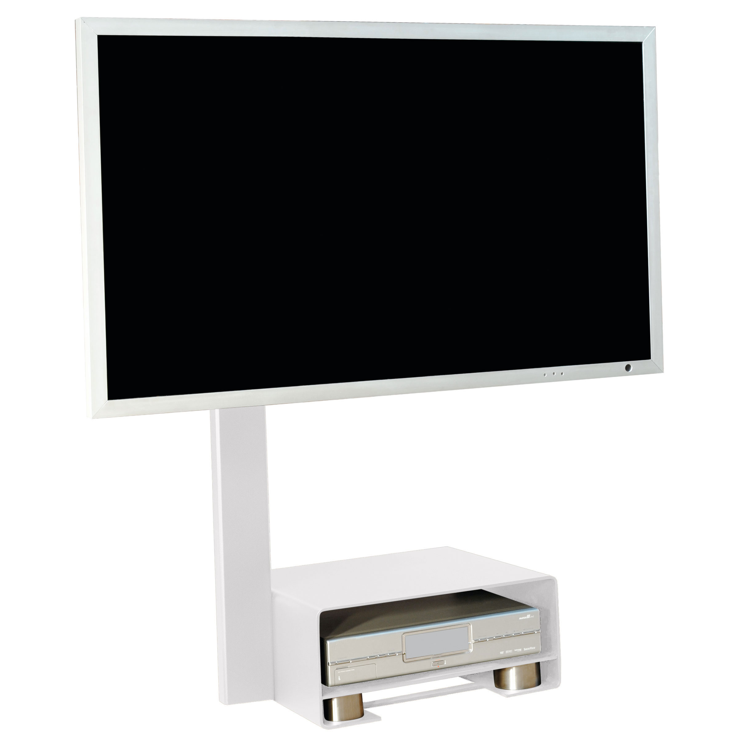 Weißer TV-Ständer mit einem großen schwarzen Bildschirm-TV oben, mit einem DVD-Player im Inneren des Ständers.