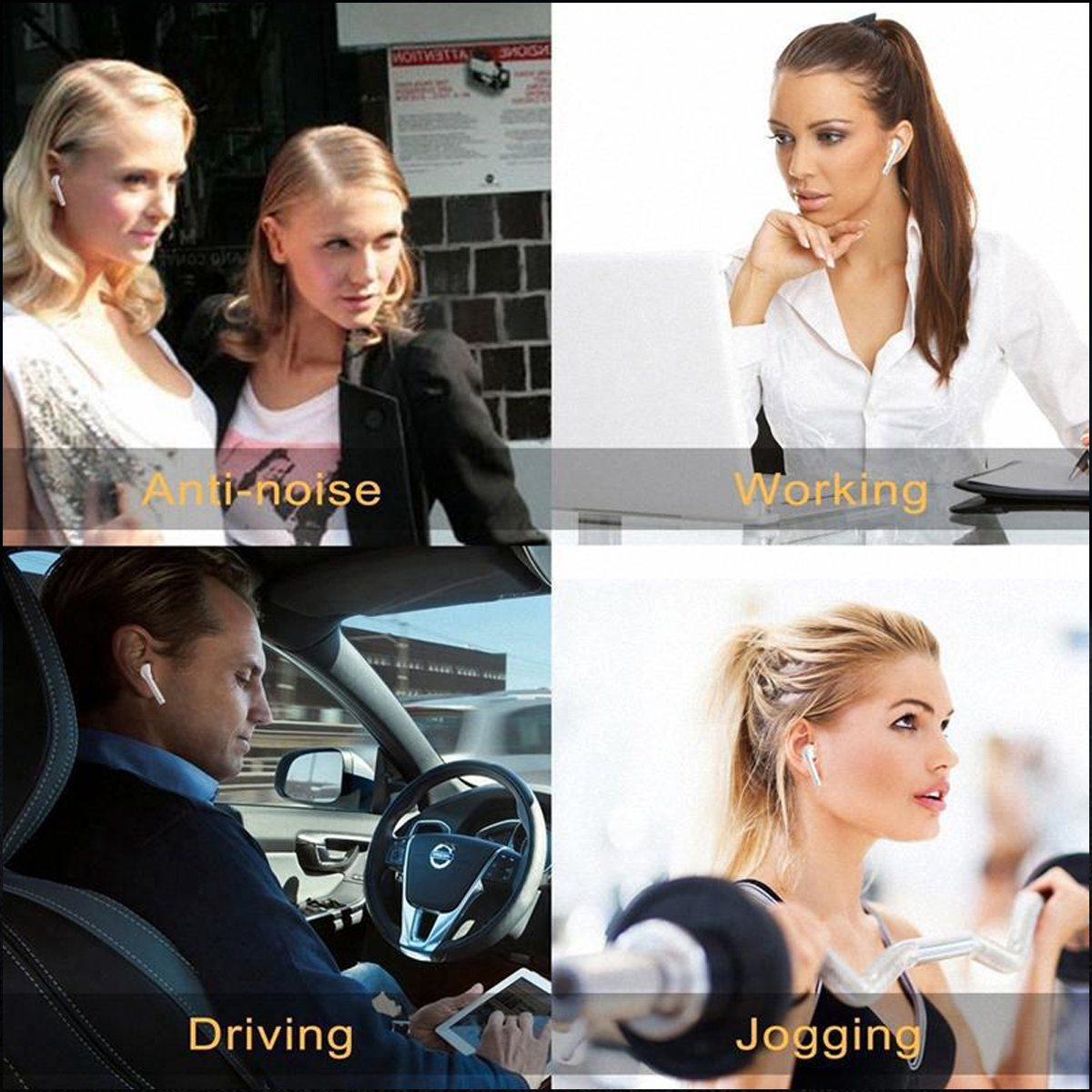 Cuatro imágenes mostrando personas usando auriculares inalámbricos en diferentes entornos.