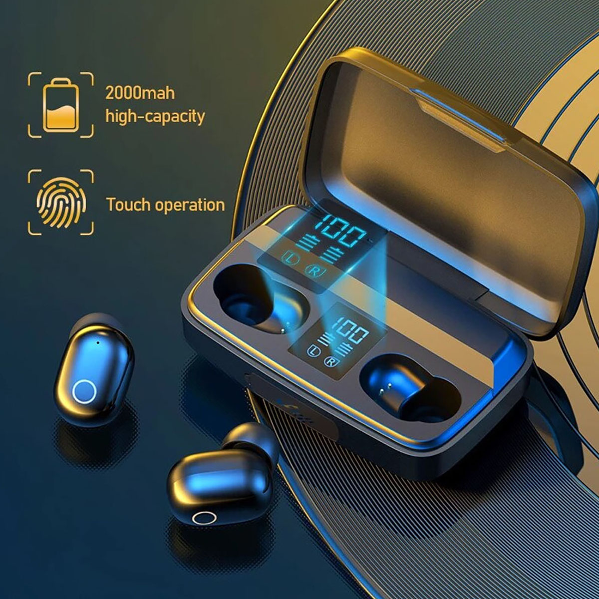 Auriculares inalámbricos con estuche de carga. Estuche abierto, mostrando auriculares y pantalla.