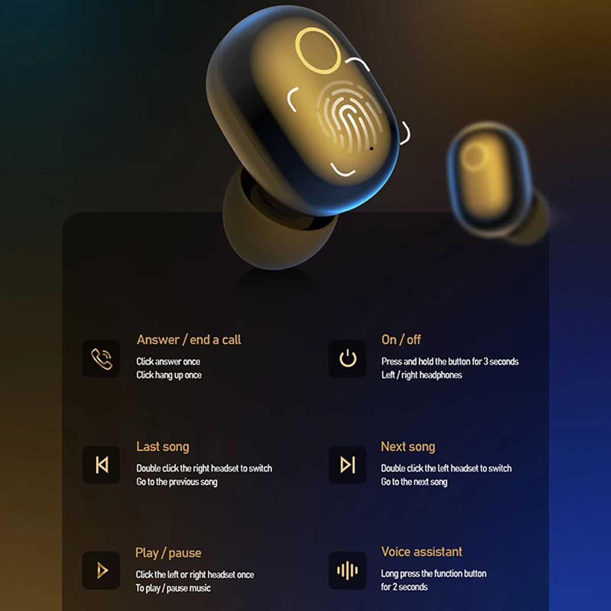 Auricular con instrucciones de control táctil e iconos para funciones de música.
