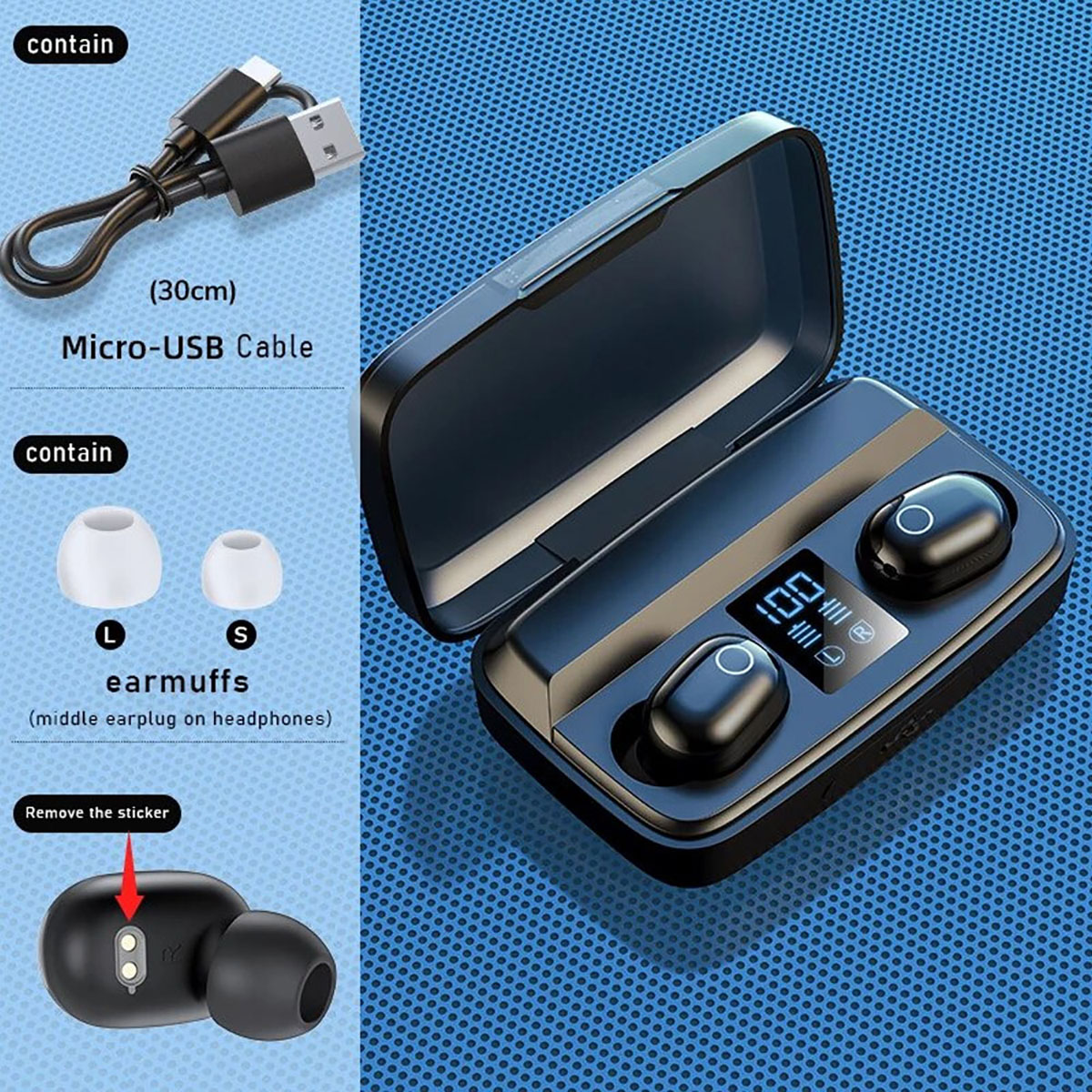 Un estuche de carga negro con dos auriculares y un cable USB. Contiene tapones y instrucciones.