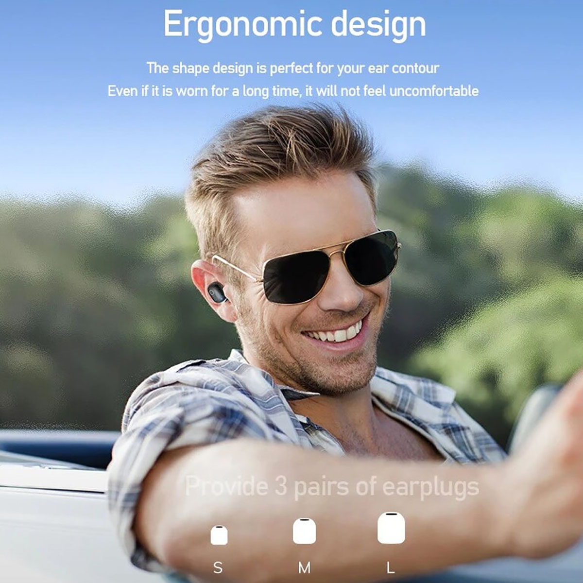 Un hombre con gafas de sol y auriculares. Texto: 'Diseño ergonómico' y 'Proporciona 3 pares'.