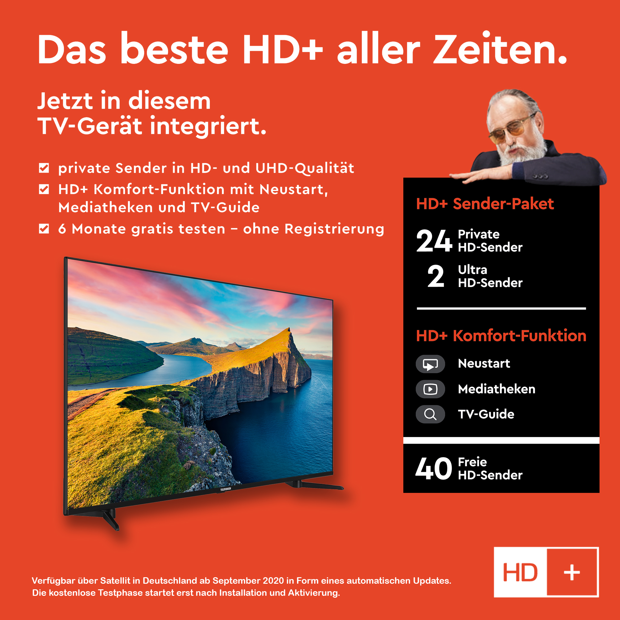 TV-Bildschirm mit Text, Mann mit Brille und Icons. Text auf Deutsch.