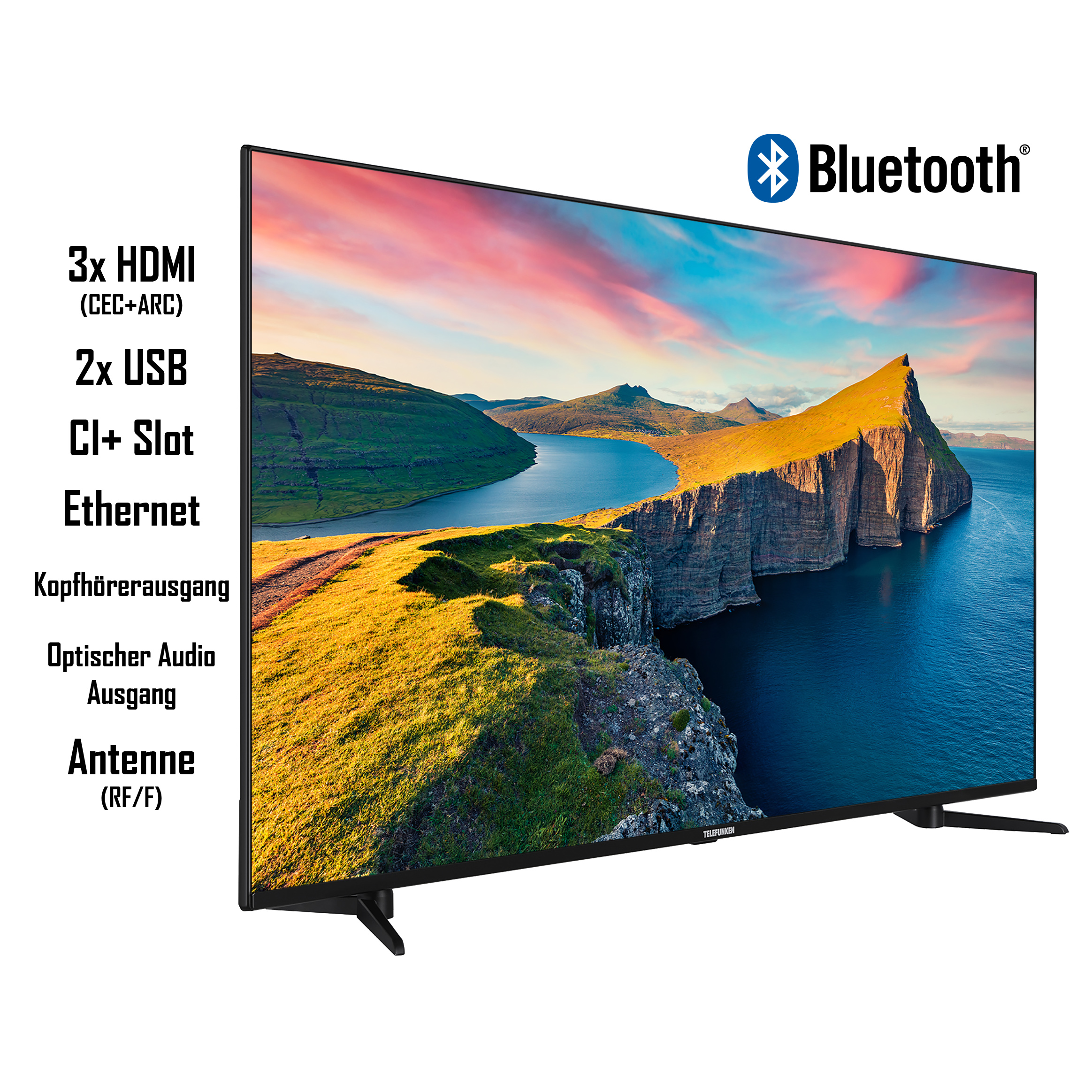 Ein Fernseher mit mehreren Anschlüssen und einem Bluetooth-Logo. Hintergrund: eine Landschaft mit Bergen.