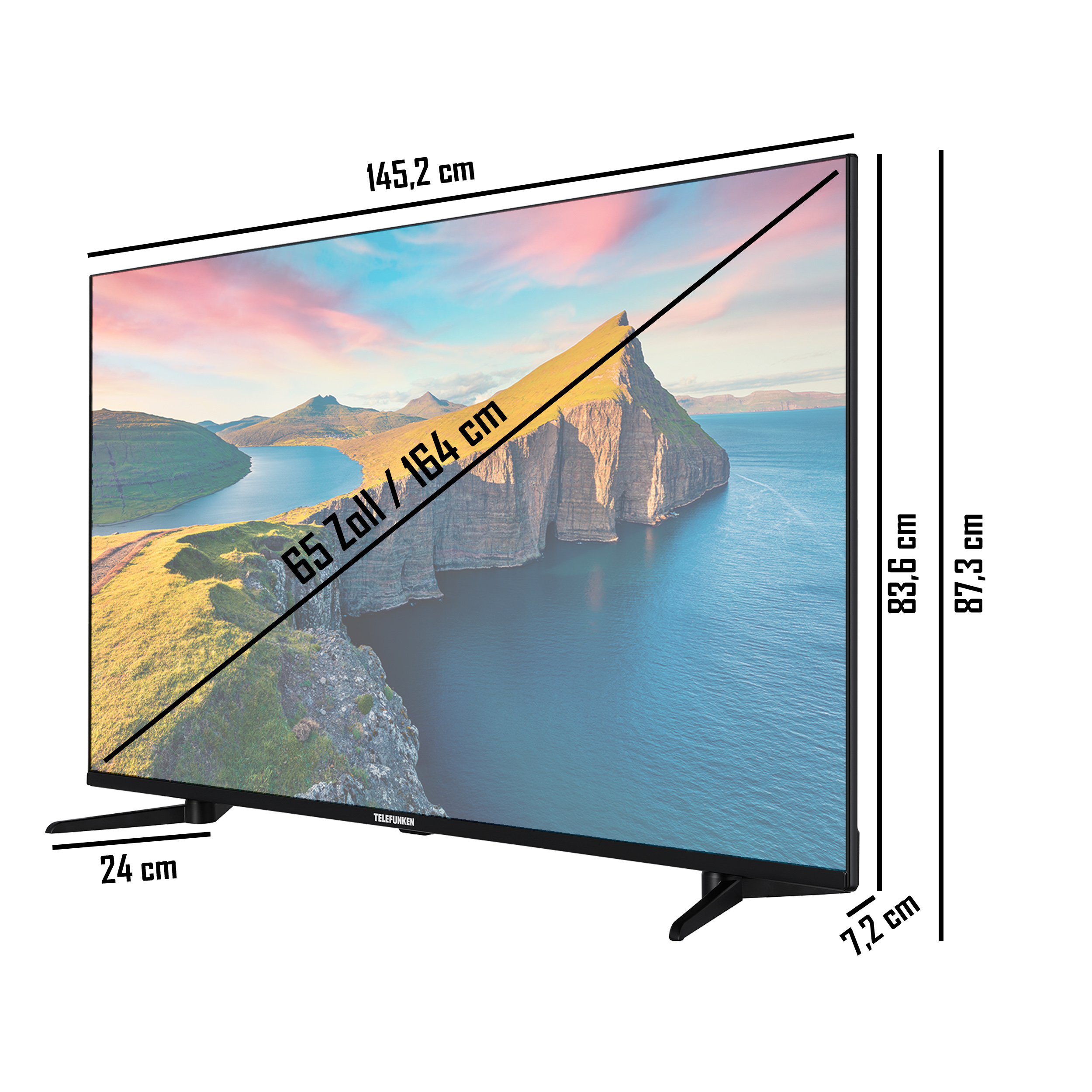 Ein großer TV-Bildschirm mit Abmessungen und einer farbenfrohen Landschaft auf dem Bildschirm.