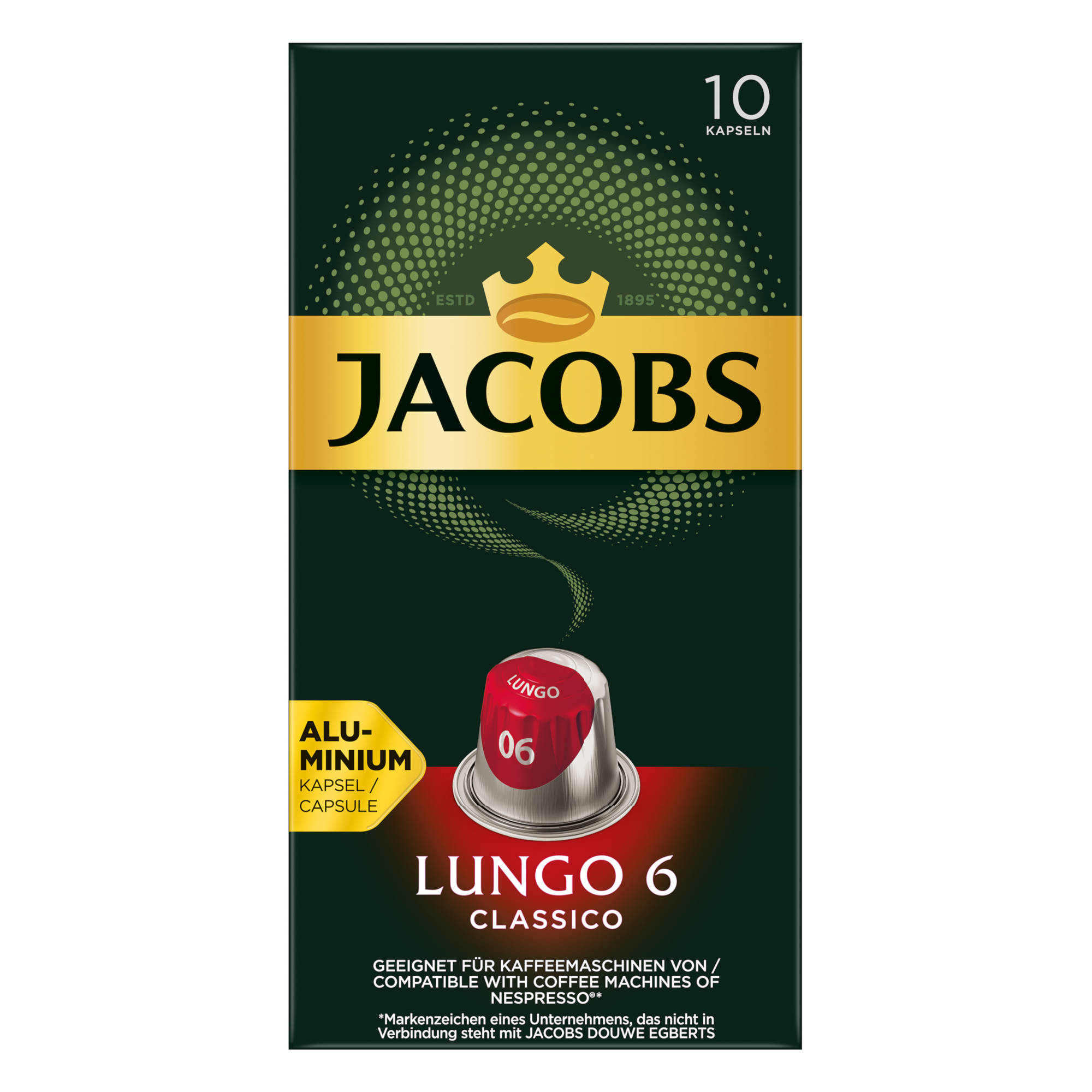Schachtel mit Jacobs Lungo 6 Kaffeekapseln. Die Schachtel ist dunkelgrün.