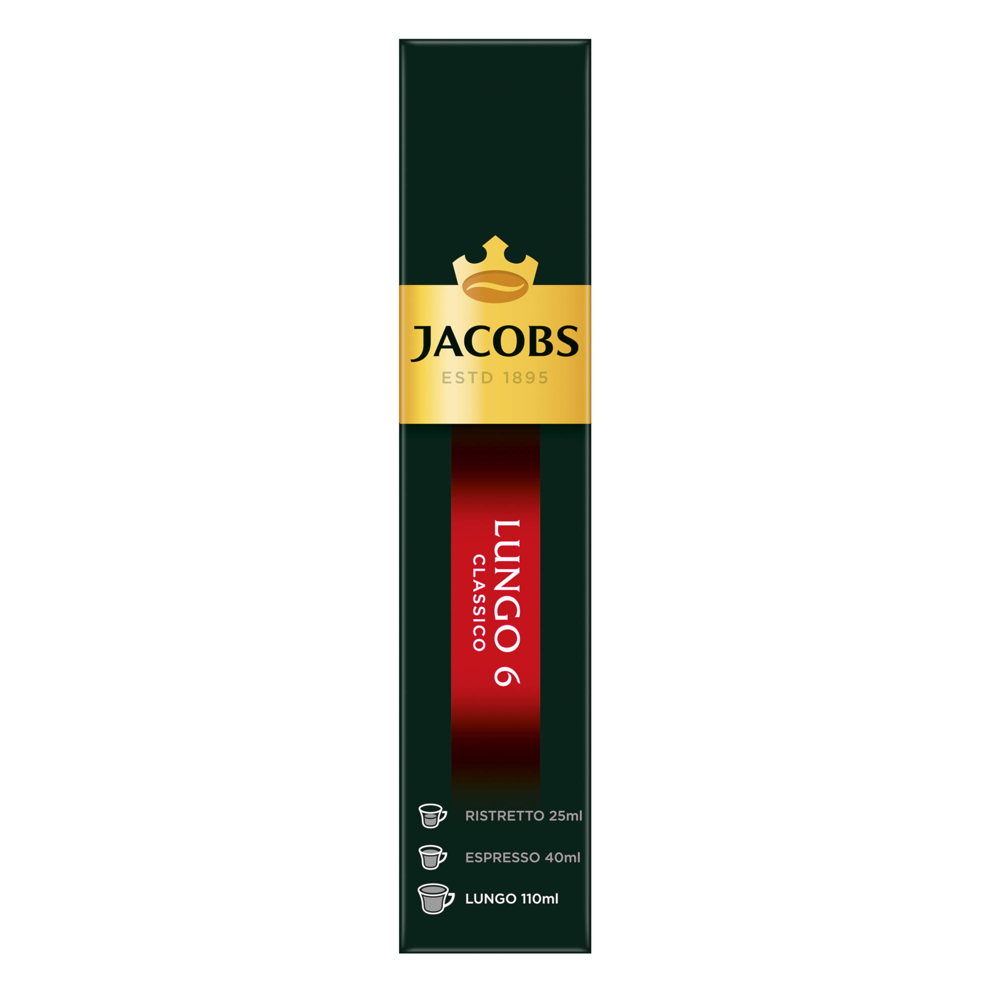 Eine Jacobs Kaffeepod-Box. Sie ist hoch und dunkelgrün mit goldenem Text und einem roten Streifen.