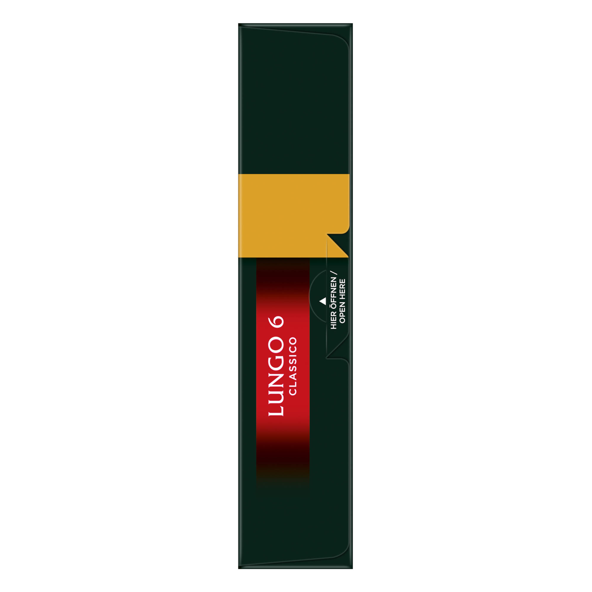 Hohe, dunkelgrüne Schachtel mit roter Schrift 'LUNGO 6 CLASSICO' und gelbem Etikett oben.