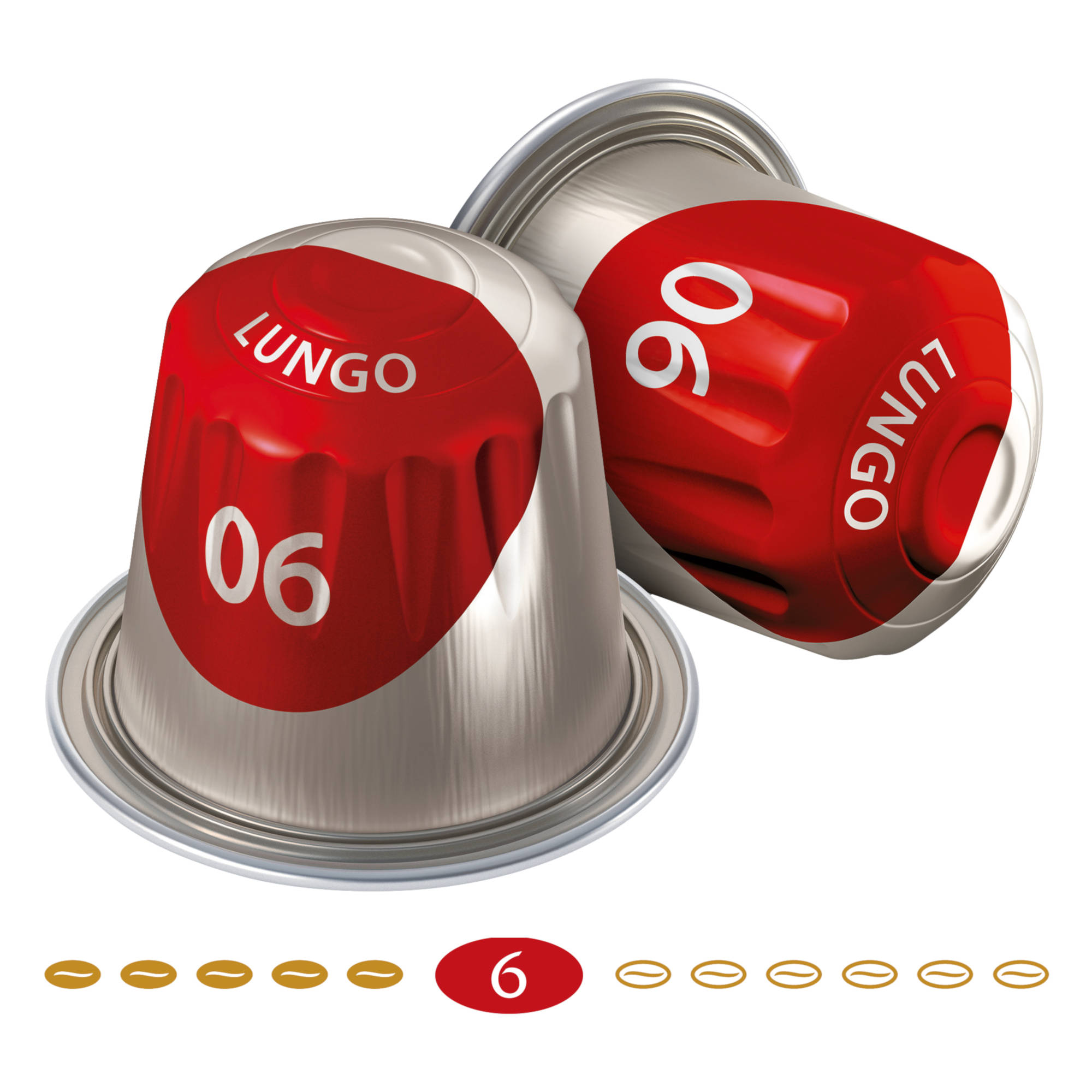 Zwei rote Kaffeekapseln mit der Aufschrift 'Lungo 06' auf weißem Hintergrund.