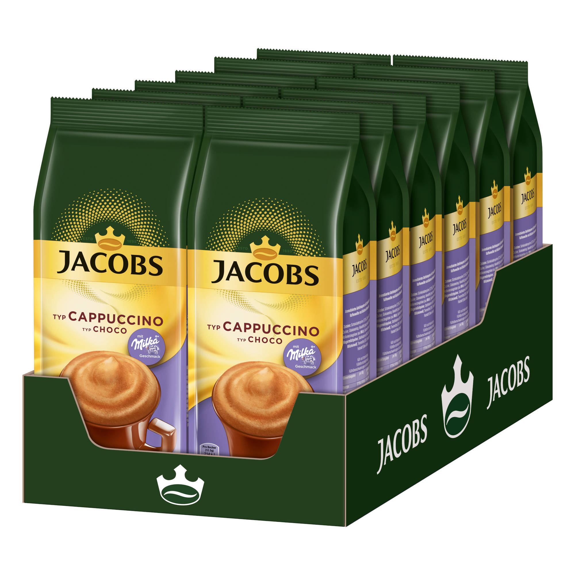 x Instantkaffee heißem mit 12 Typ JACOBS Wasser Choco auflösen) g Cappuccino (In Milka Geschmack Beutel 500