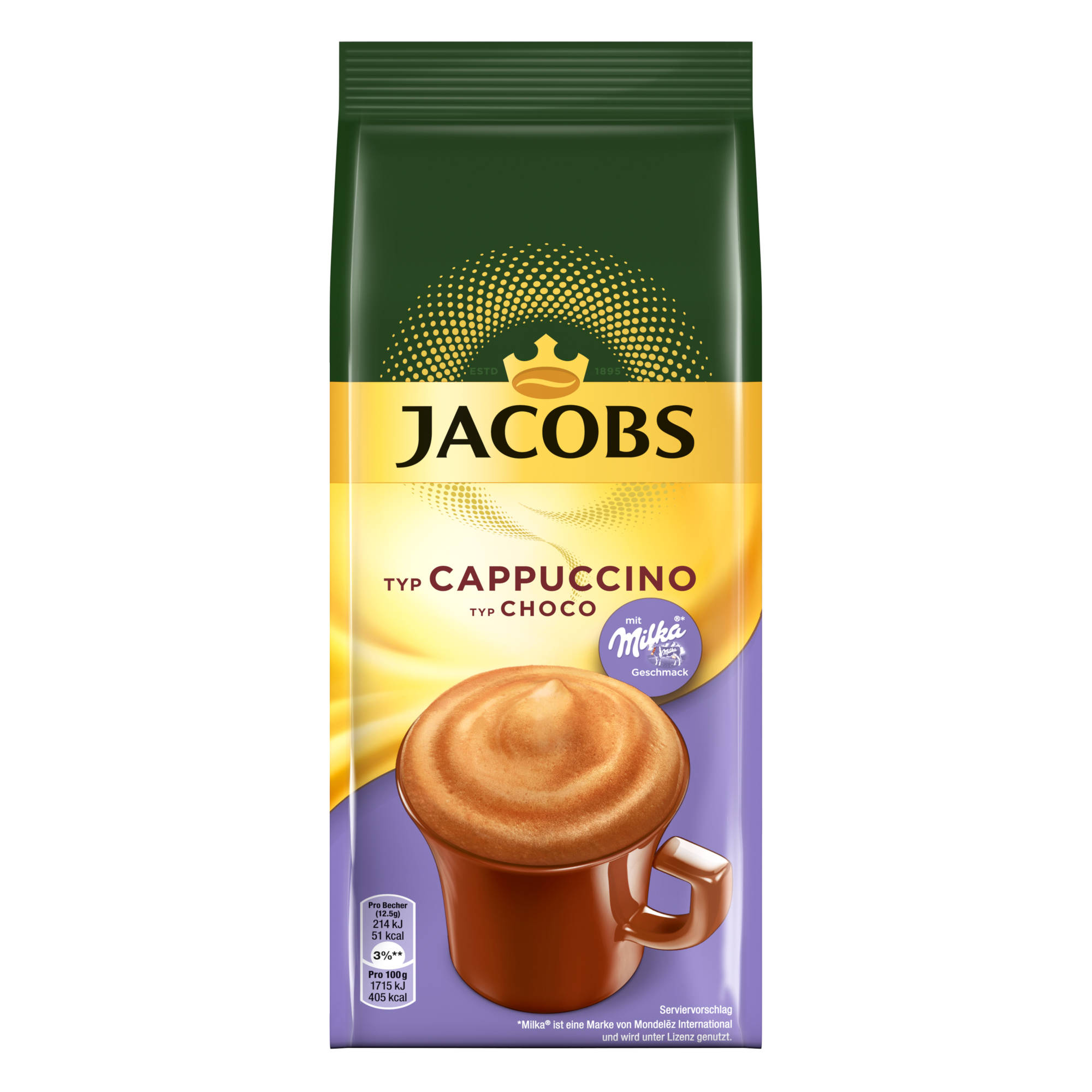 x Instantkaffee heißem mit 12 Typ JACOBS Wasser Choco auflösen) g Cappuccino (In Milka Geschmack Beutel 500