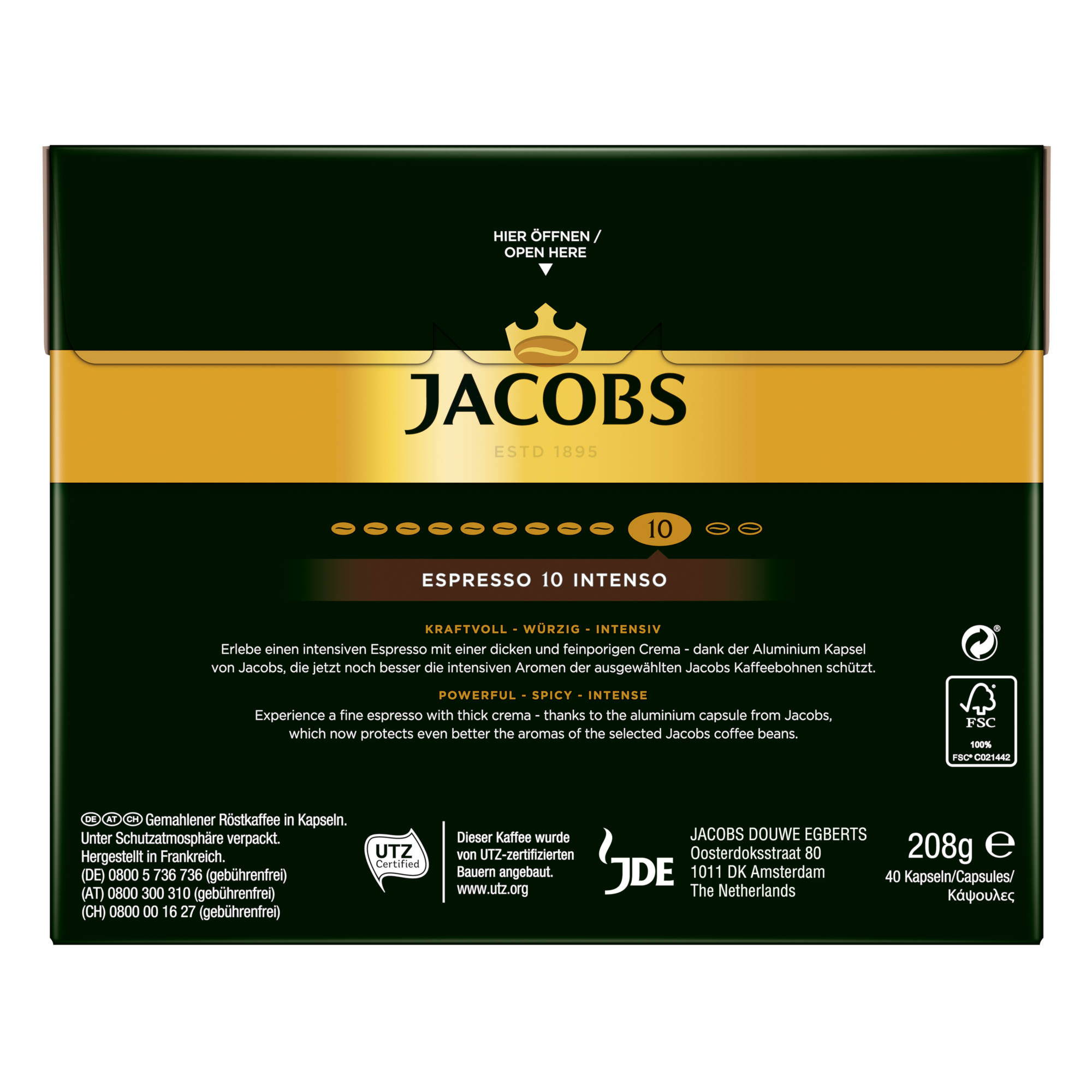 Jacobs Espresso 10 Intenso Kaffeebox mit Text. Enthält 40 Kapseln.