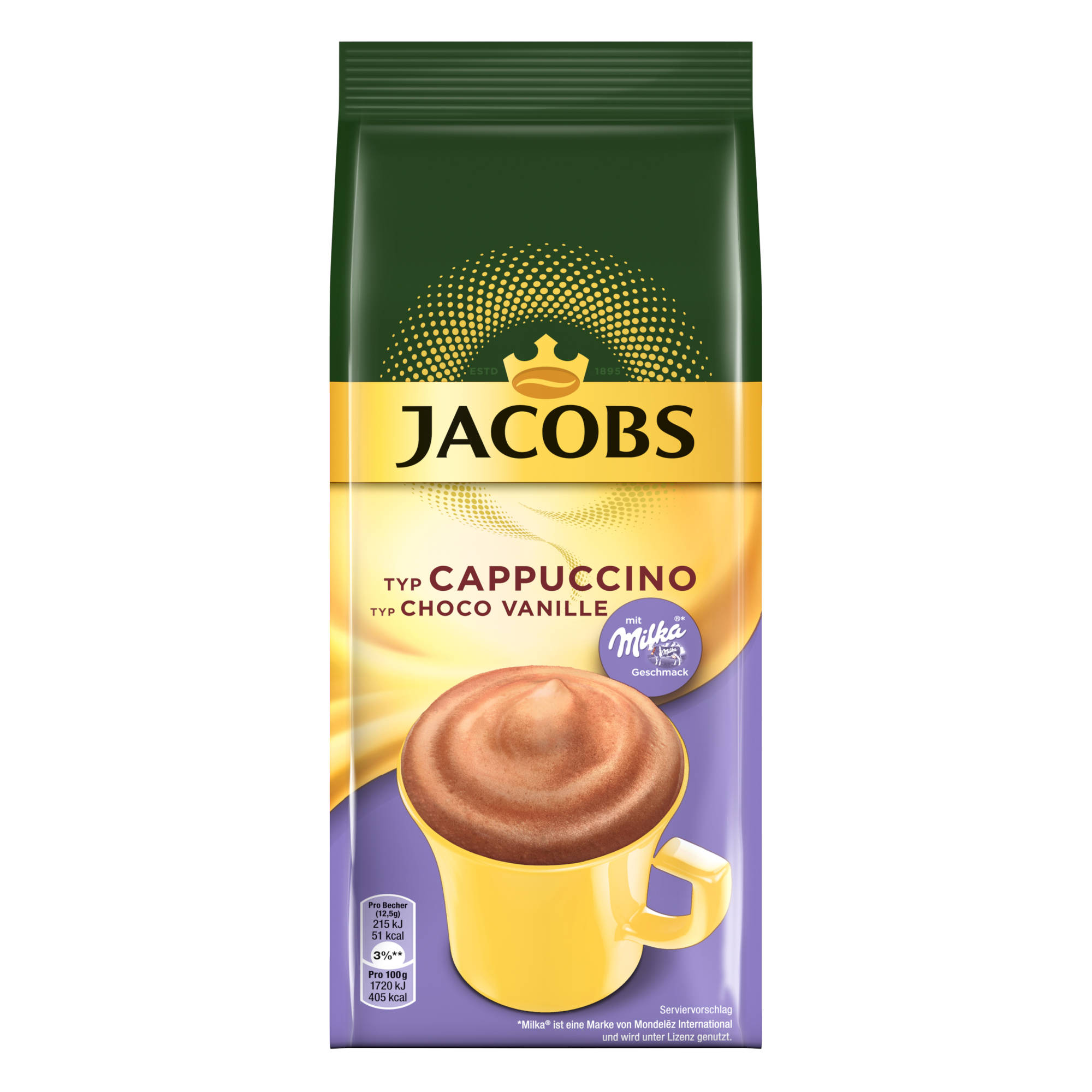 JACOBS Typ Cappuccino Choco (In 500 Vanille Milka heißem x Beutel Geschmack 12 Instantkaffee mit Wasser auflösen) g