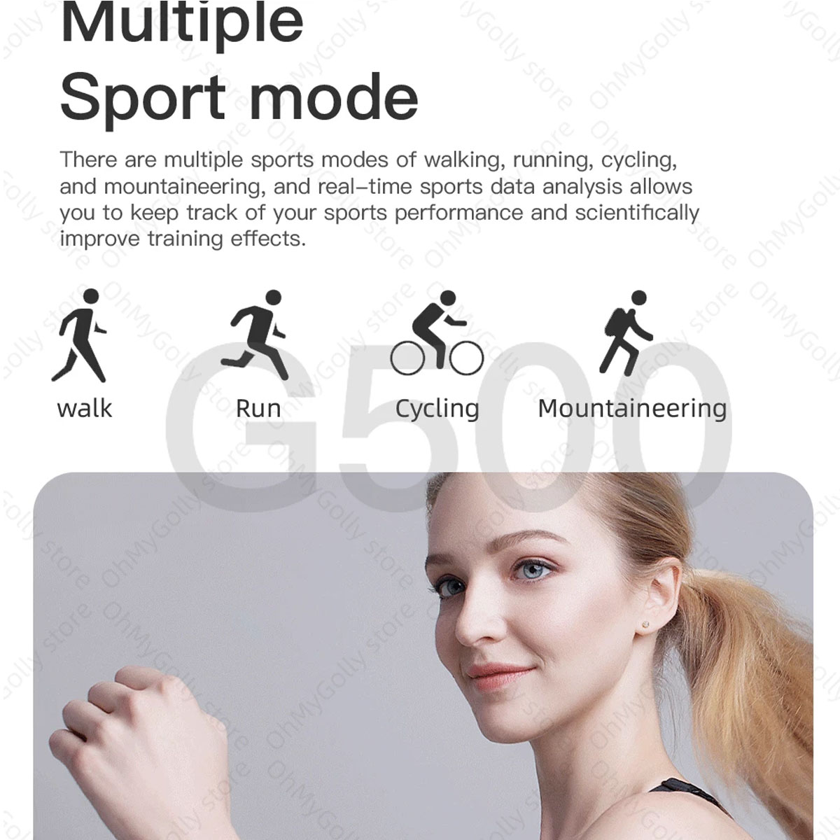 La imagen muestra iconos de caminar, correr, andar en bicicleta y montañismo, con una mujer al fondo.