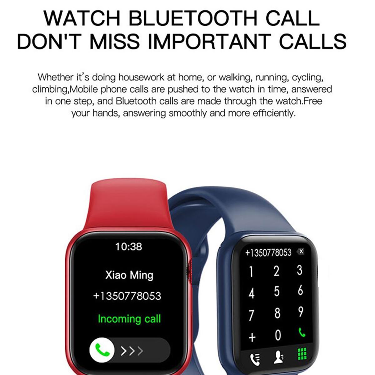 Relojes inteligentes rojo y azul con pantalla de llamada. Texto: Ver llamada Bluetooth. No te pierdas llamadas importantes.