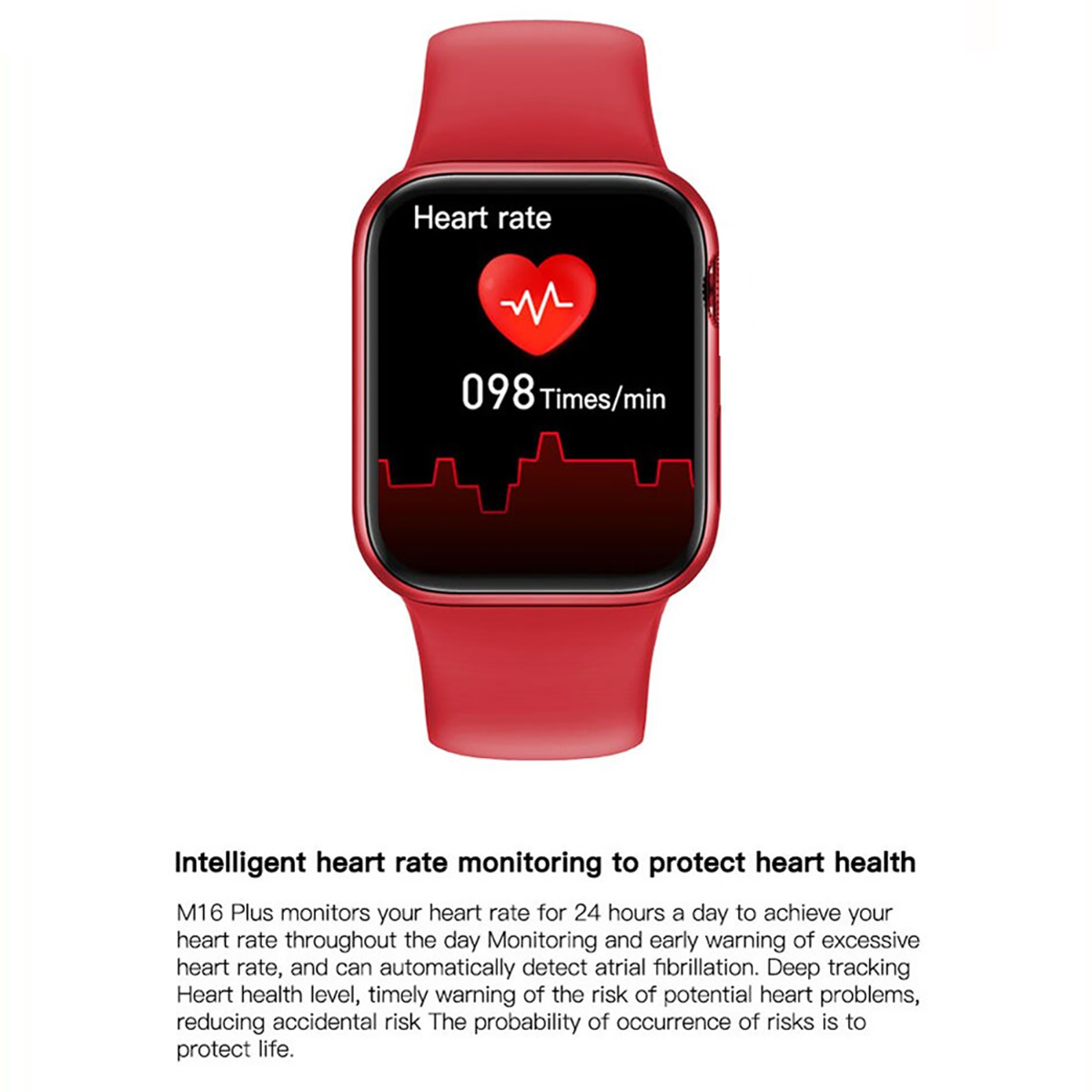Smartwatch roja mostrando frecuencia cardíaca: 098 veces/min sobre fondo blanco.