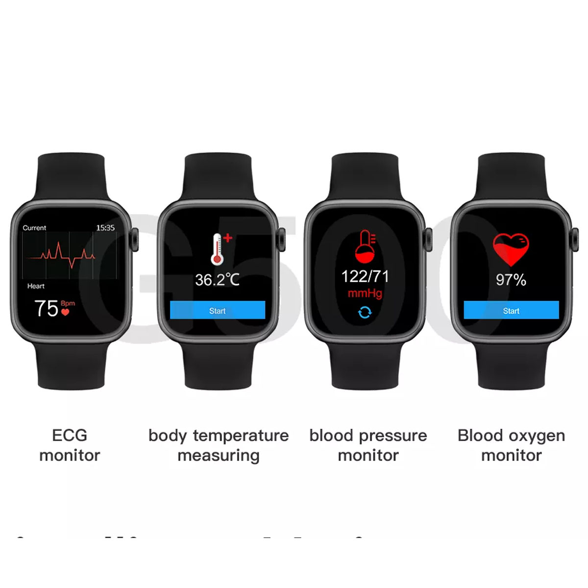 Smartwatches que muestran métricas de salud: ECG, temperatura, presión arterial y oxígeno en sangre.