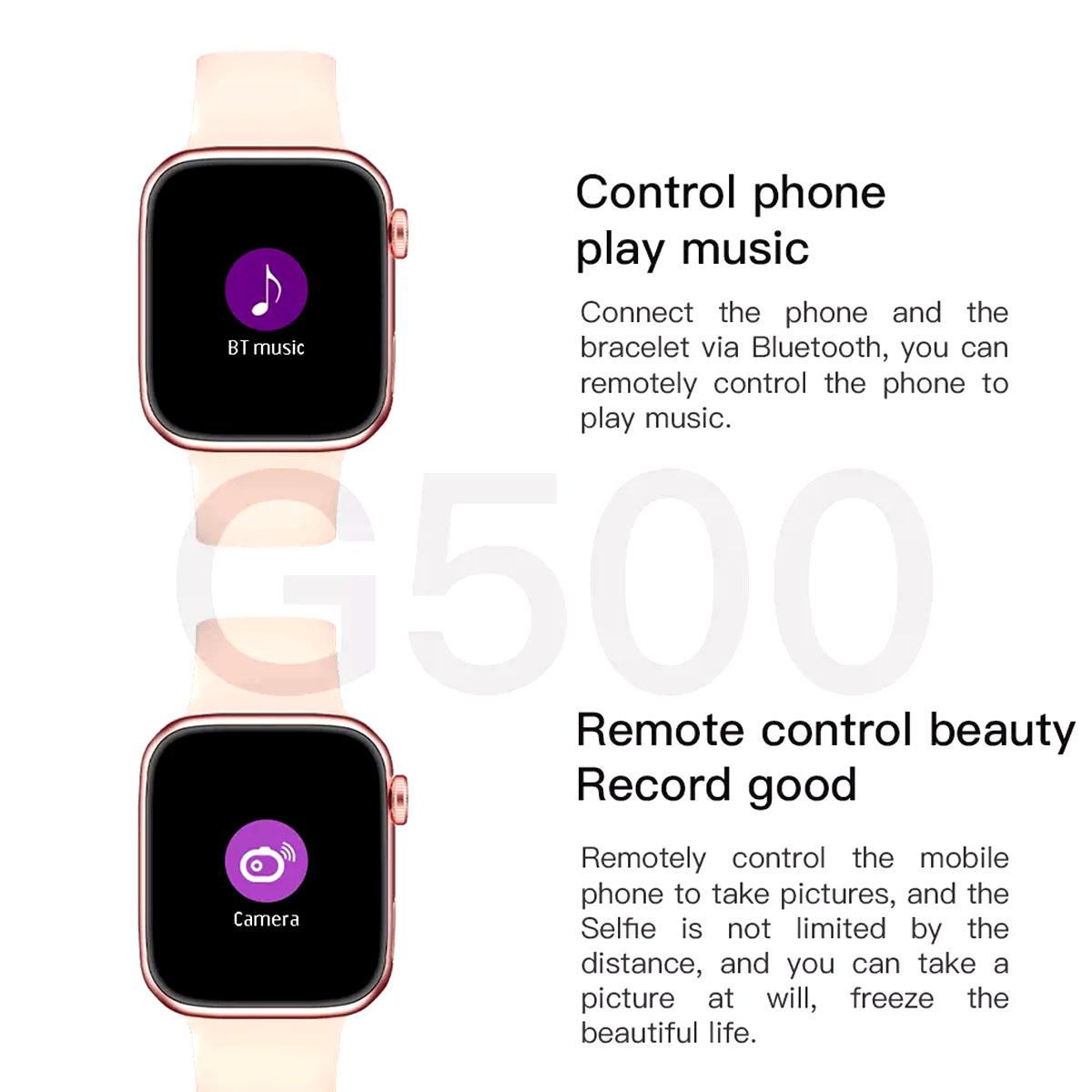 Smartwatch con funciones de música y cámara. Correa rosa, pantallas negras.