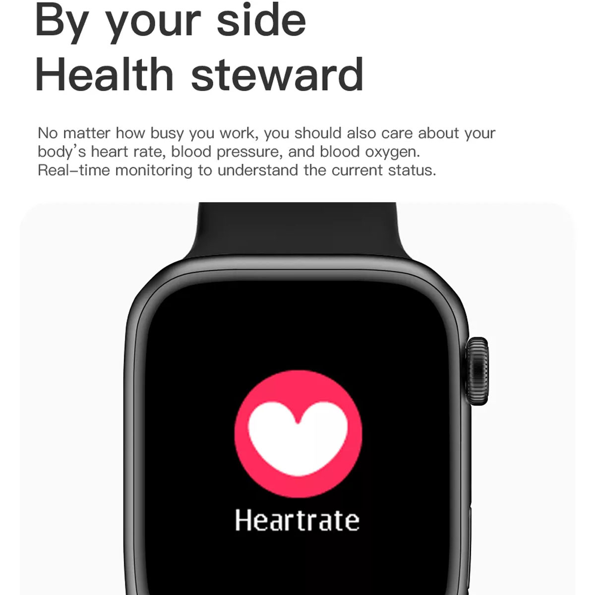 Reloj inteligente con pantalla de frecuencia cardíaca. Texto sobre monitorización de salud. Fondo blanco.