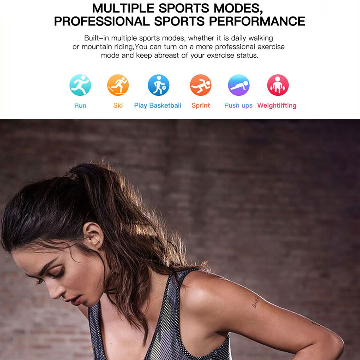 Mujer con ropa deportiva. Texto: Múltiples modos deportivos, rendimiento deportivo profesional. Correr, esquiar, jugar baloncesto.