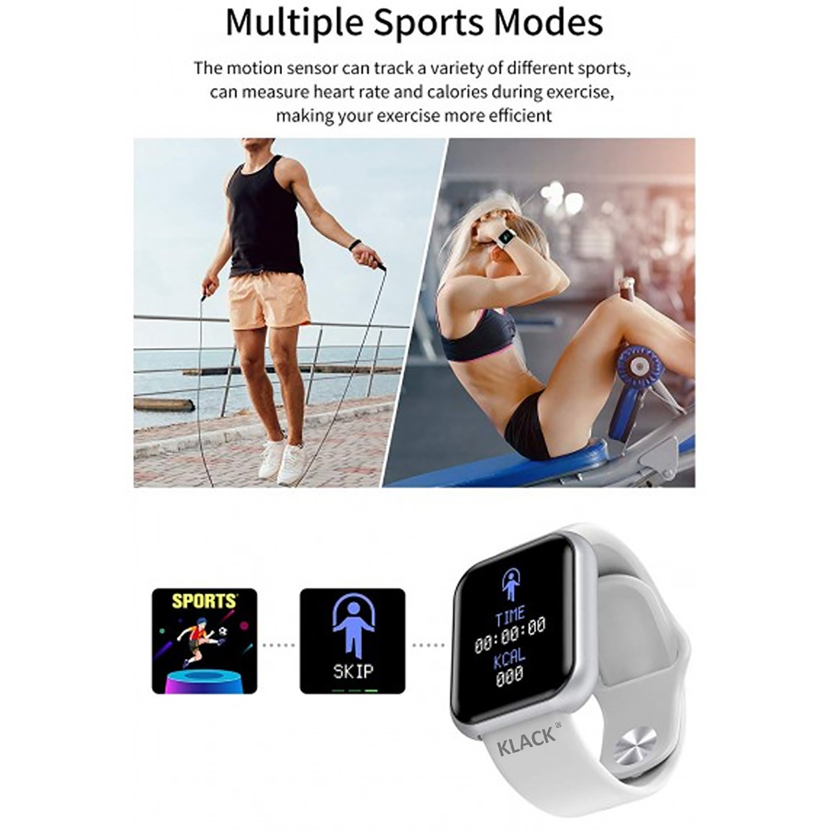 Smartwatch en la muñeca, con iconos de aplicaciones de fitness e imágenes de personas haciendo ejercicio.