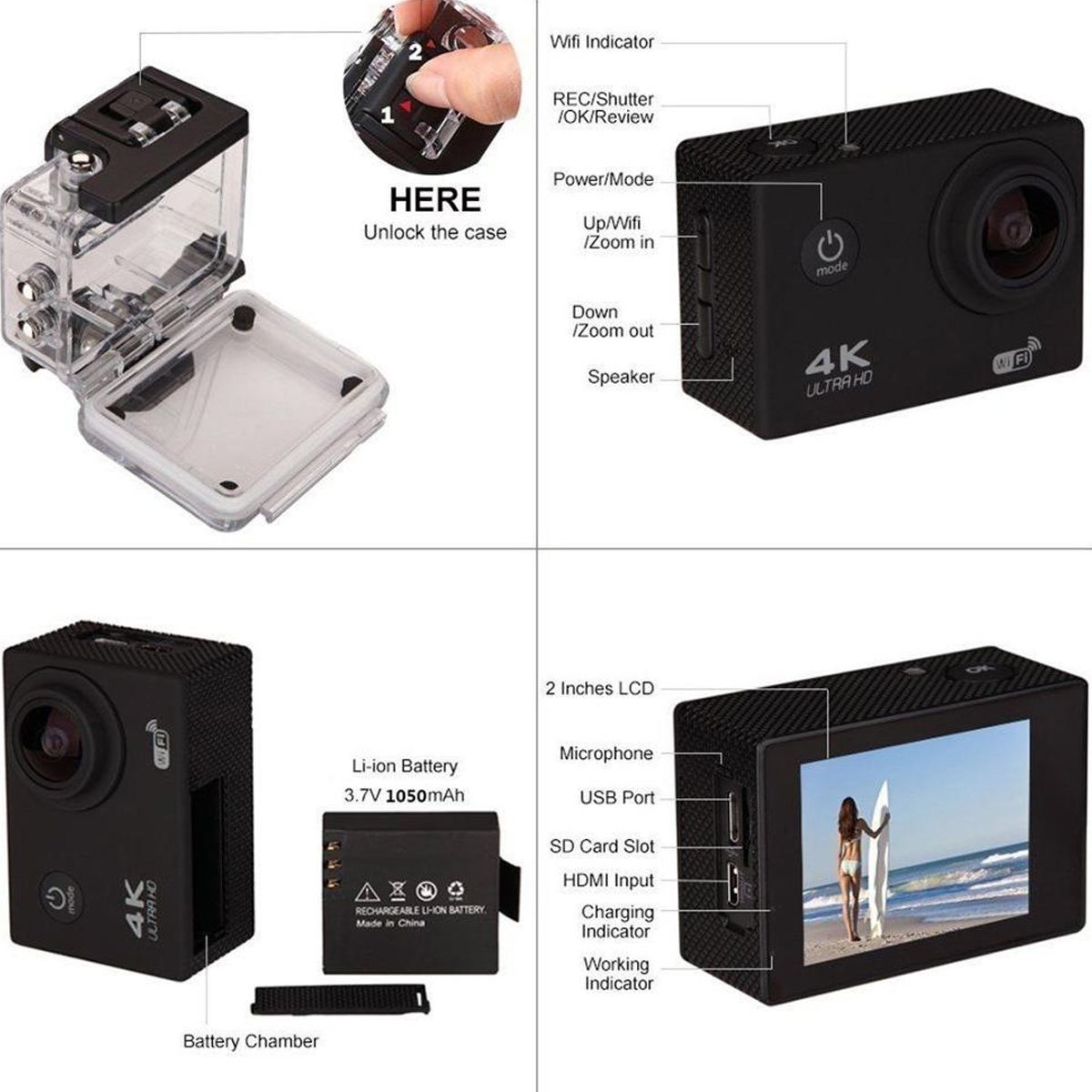 Cuatro vistas de una cámara de acción 4K Ultra HD negra con accesorios: batería, carcasa y pantalla LCD.