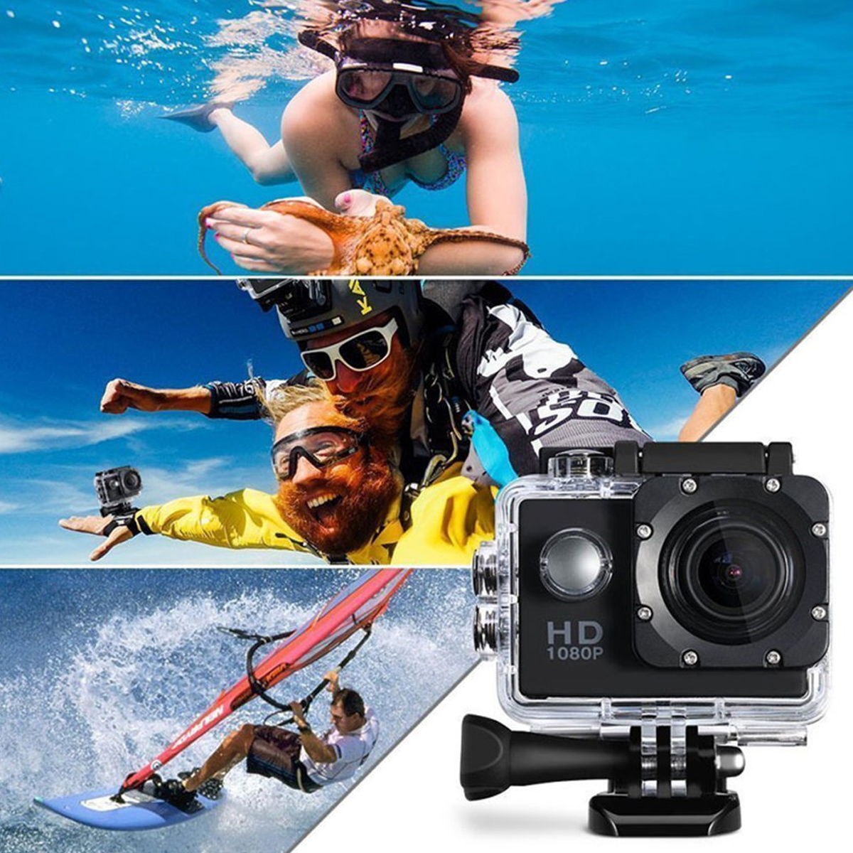 Tres tomas de acción: snorkel, paracaidismo y windsurf, junto con una cámara de acción.