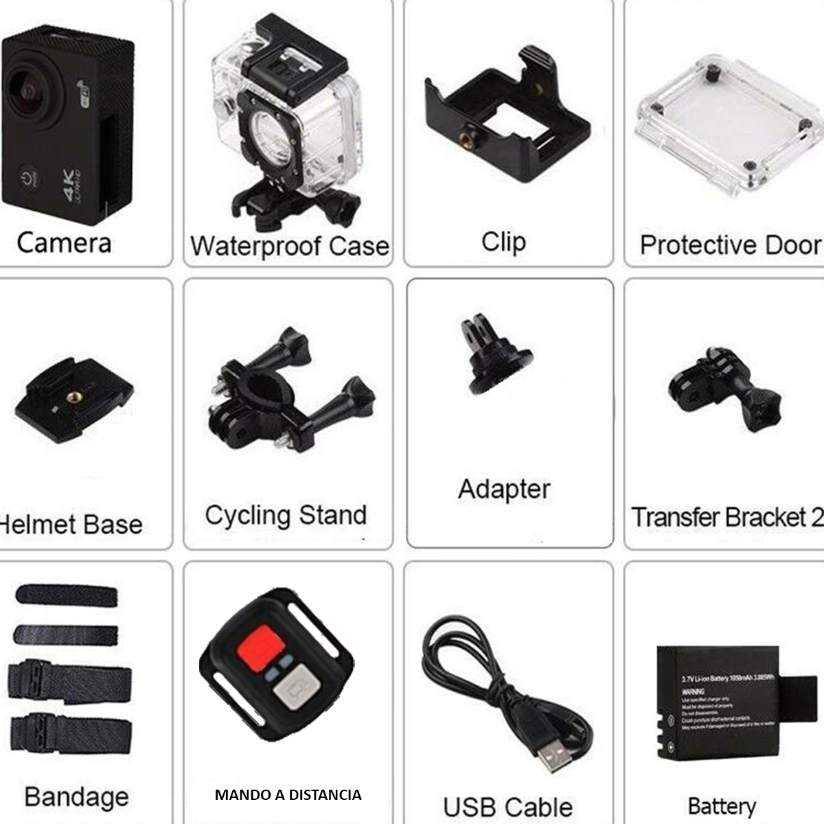 Varios accesorios para cámara, incluyendo una cámara, una carcasa impermeable y hardware de montaje.