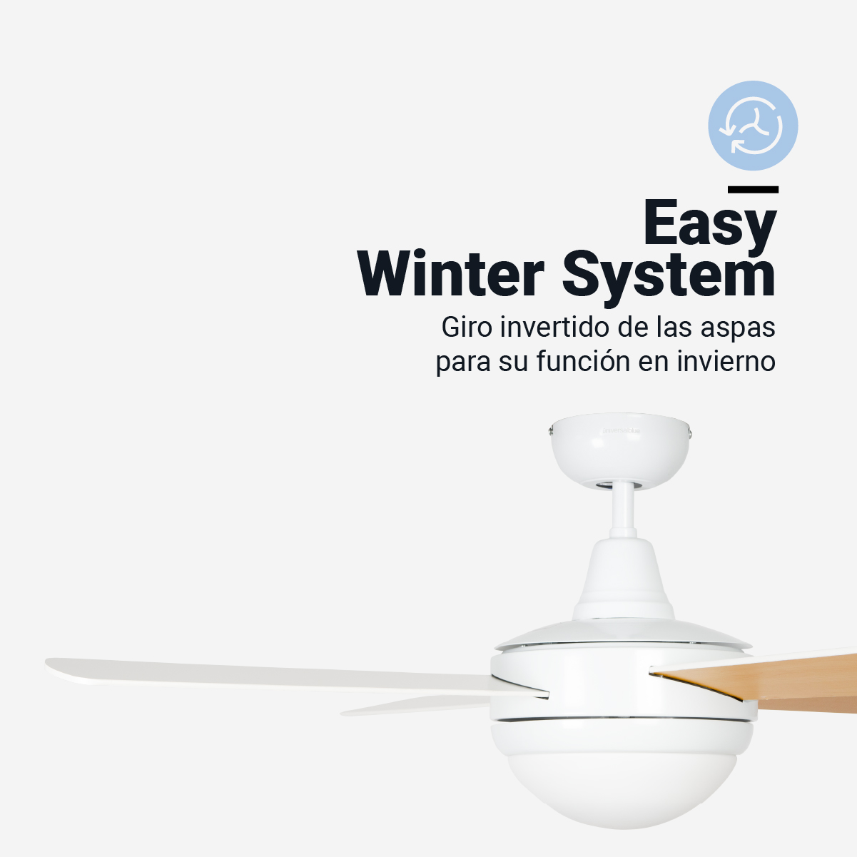 Un ventilatore da soffitto bianco con luce e pale in legno. Il testo recita 'Easy Winter System'.
