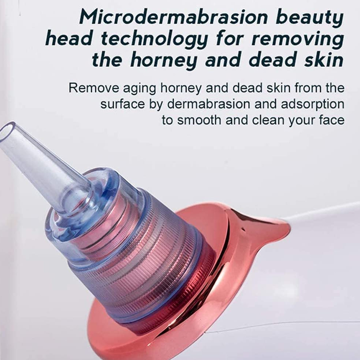 Un dispositivo de belleza con texto sobre la eliminación de piel muerta. El dispositivo tiene una punta transparente y un anillo rojo.