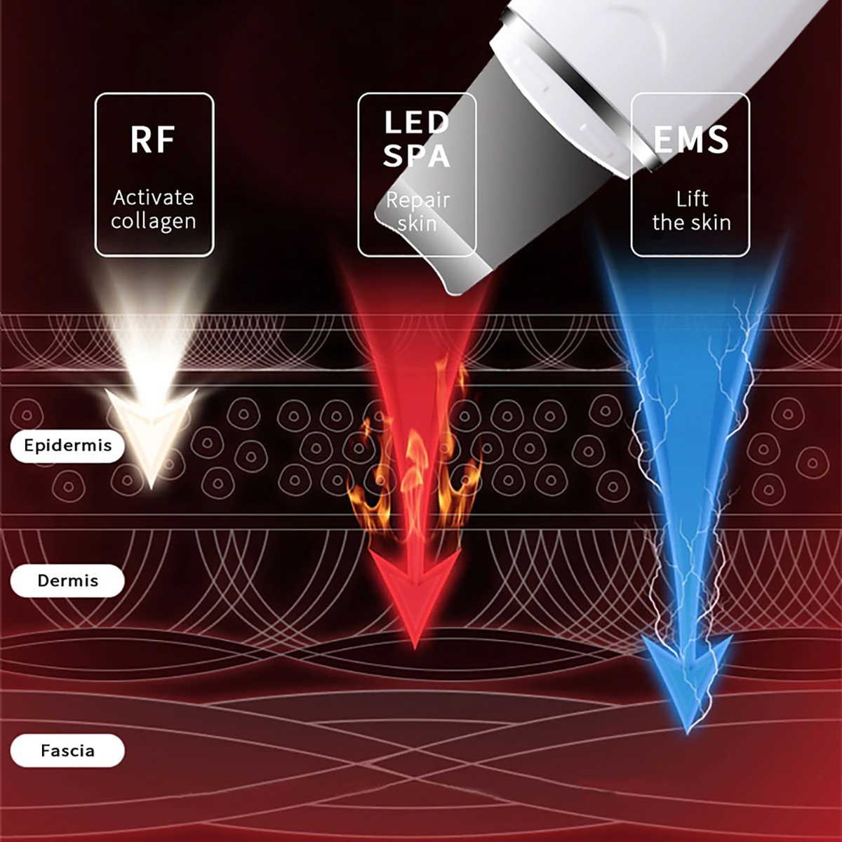 Diagrama que muestra capas de la piel, con flechas que indican tratamientos RF, LED SPA y EMS.