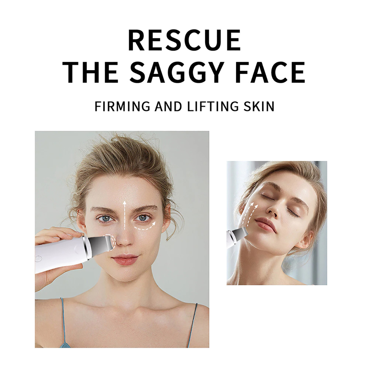 Dos mujeres usando un dispositivo de limpieza facial, con el texto "Rescata la cara flácida" y flechas que muestran el uso.