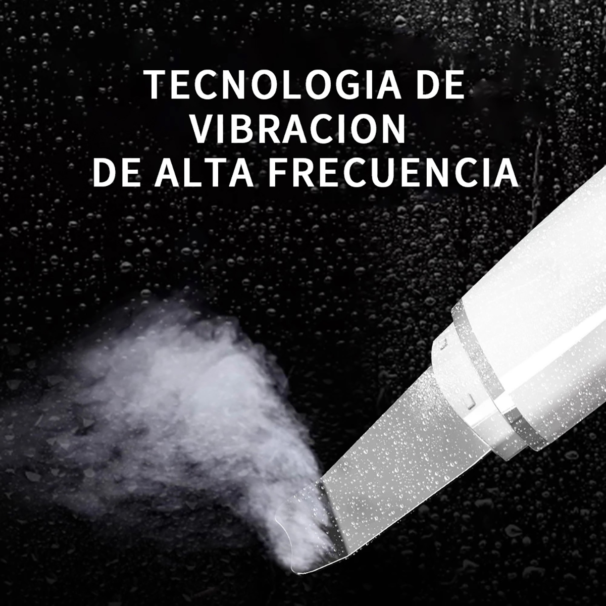 Un dispositivo blanco emitiendo vapor, con texto: TECNOLOGÍA DE VIBRACIÓN DE ALTA FRECUENCIA.