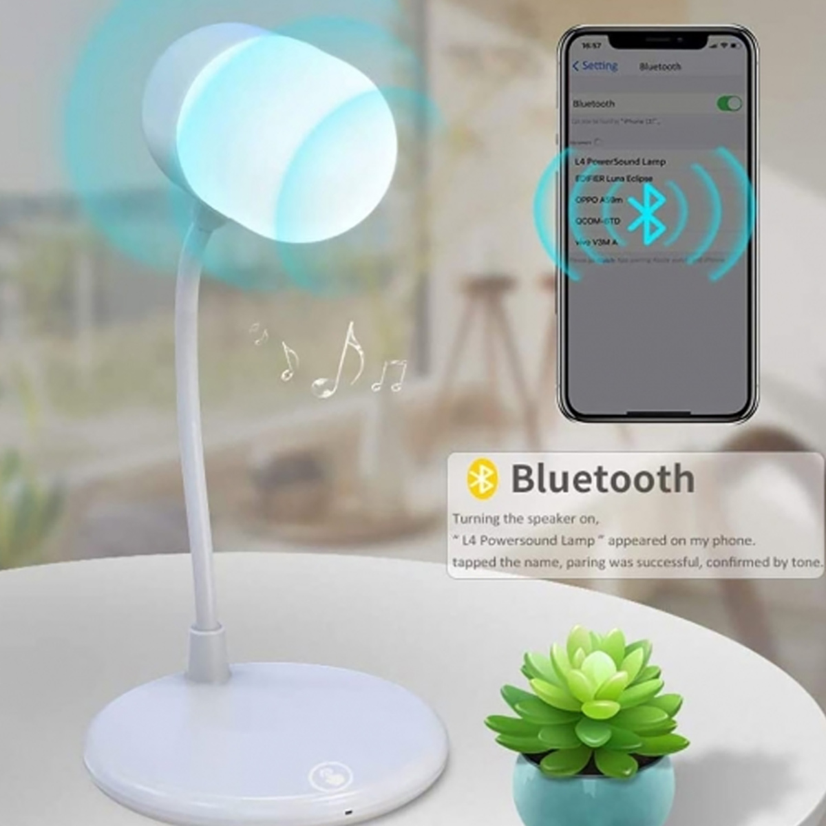 Lámpara blanca con parte superior en forma de abanico, conectada a un teléfono que muestra la configuración de Bluetooth.