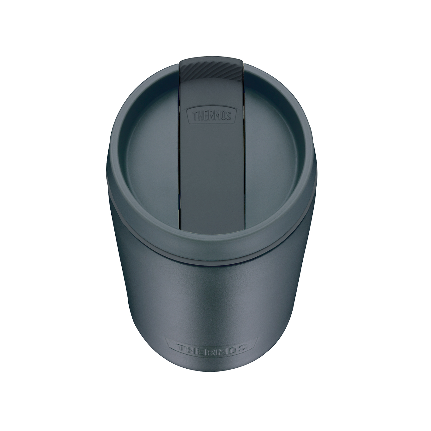 Dunkelgrauer Thermosbecher von oben. Der Deckel ist geschlossen, mit dem Markennamen Thermos sichtbar.