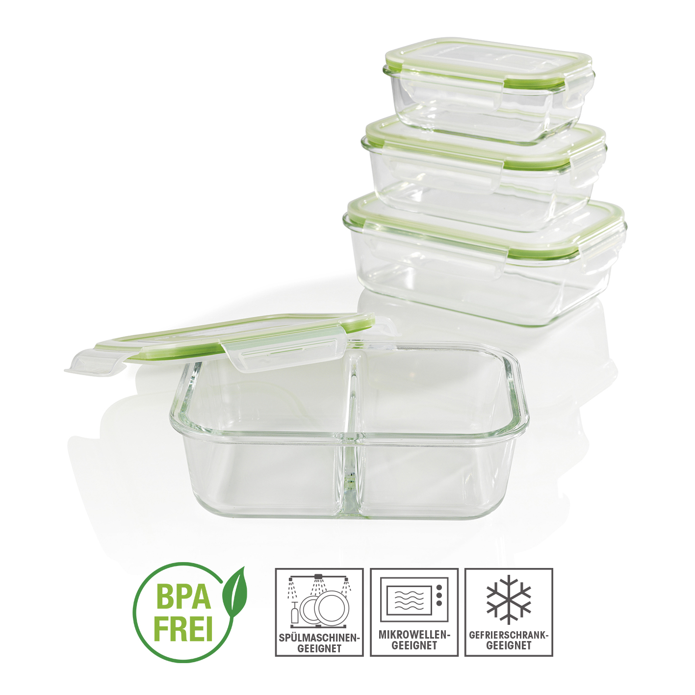 Gestapelte Glasbehälter, grüne Deckel, BPA-frei-Etikett.
