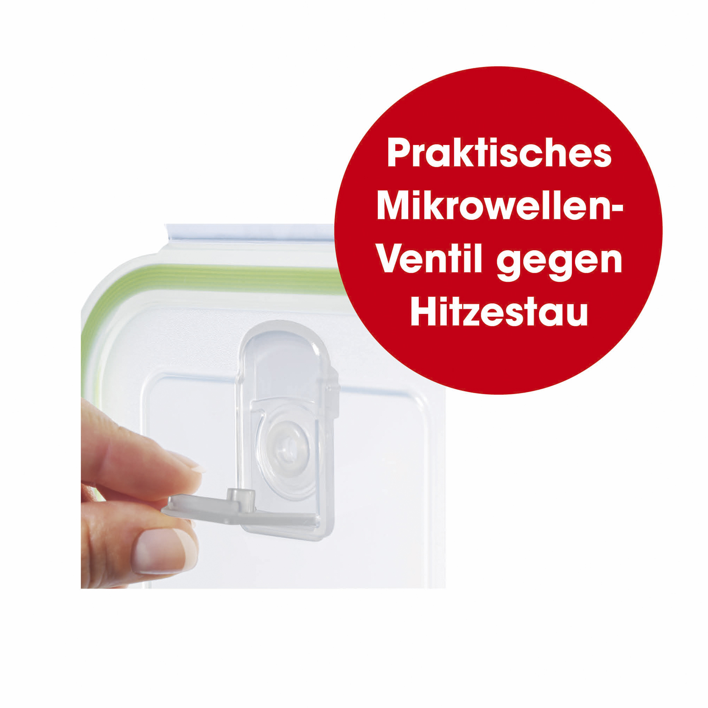Hand öffnet ein Ventil an einem transparenten Kunststoff-Lebensmittelbehälter mit grünem Deckel.