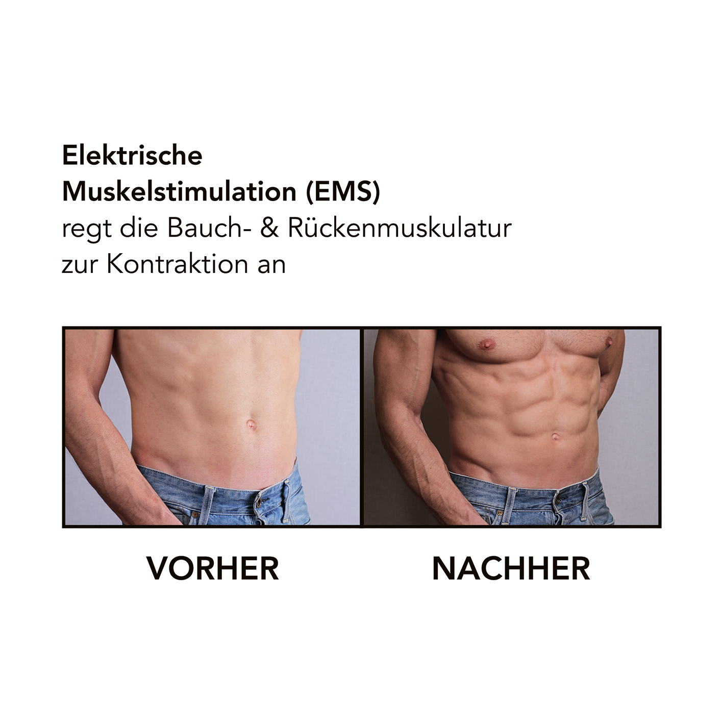 Vorher/Nachher-Bilder eines Mannes, die Ergebnisse der Muskelstimulation zeigen, mit Fokus auf den Bauch.
