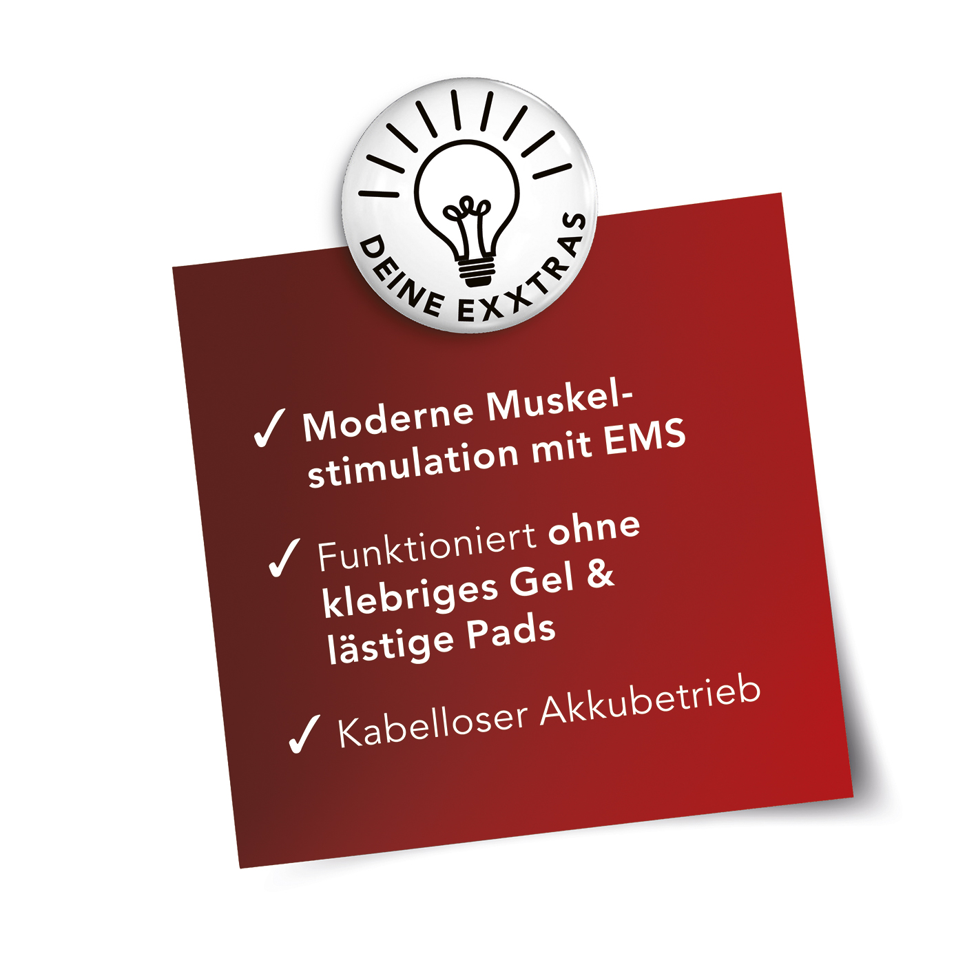 Rote Notiz mit Text über Muskelstimulation, gel-freie Anwendung und kabellosen Akkubetrieb.