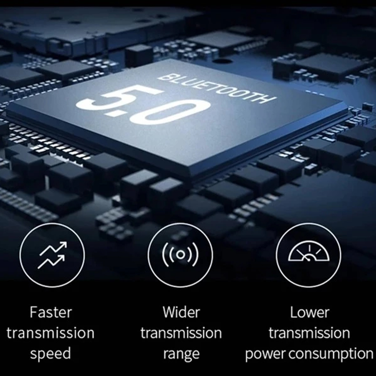 Icono Bluetooth 5.0 con texto sobre mayor velocidad, mayor alcance y menor consumo.