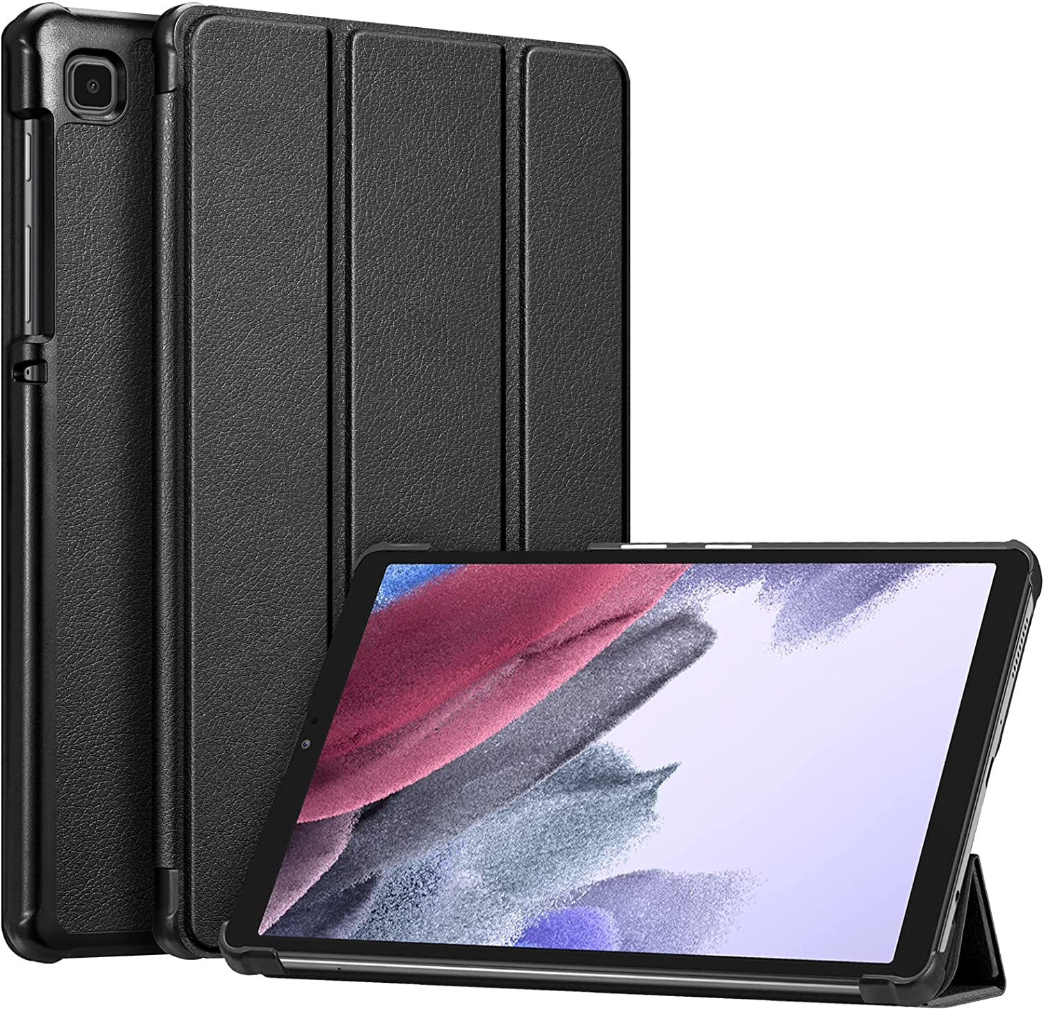 Schwarzes Tablet mit Hülle, Bildschirm mit Benutzeroberfläche und Schutzhülle.