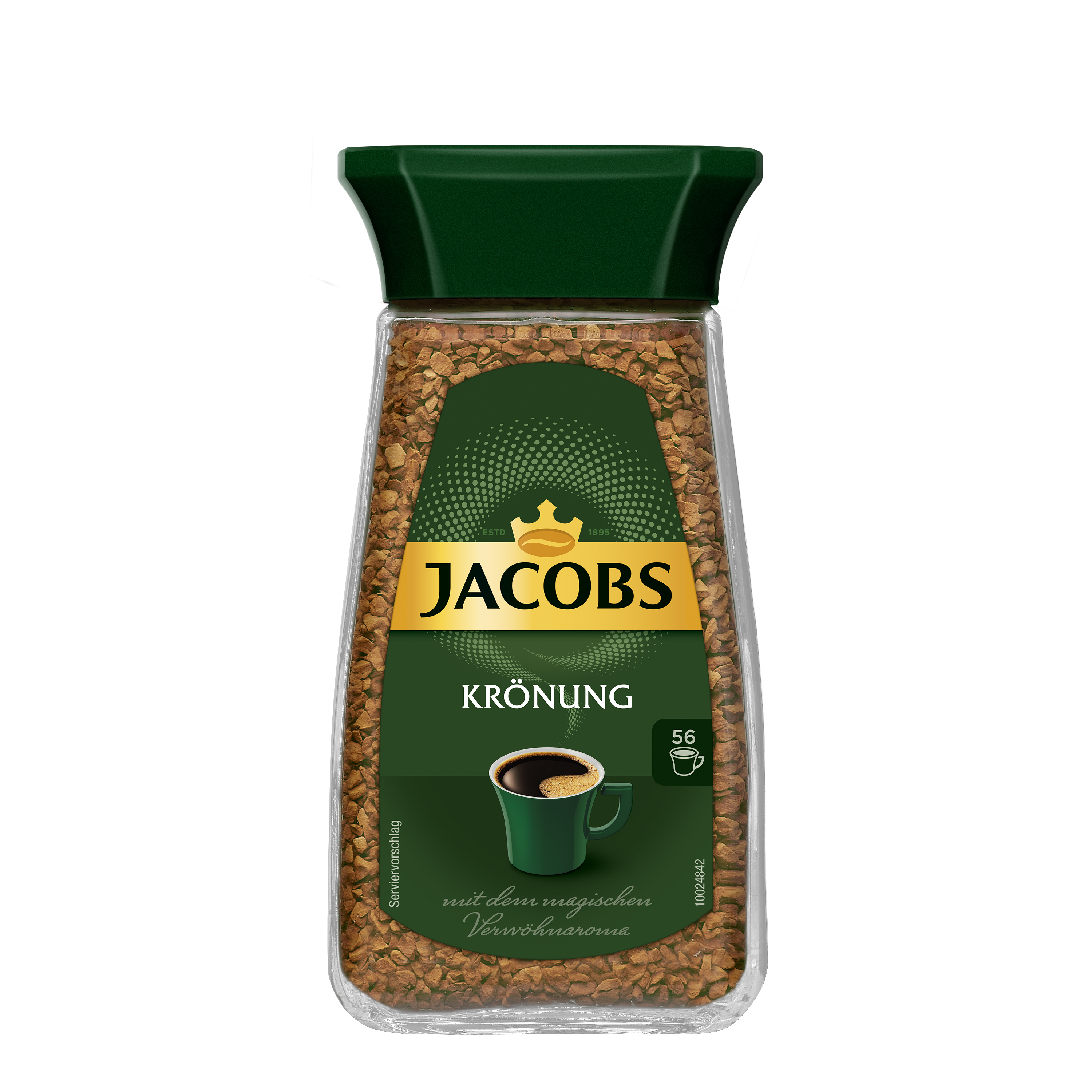 Ein Glas Jacobs Krönung Instantkaffee mit grünem Deckel und einer Tasse Kaffee.